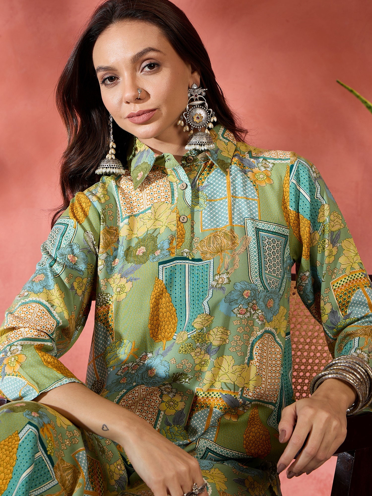 Pear Green Window Print Collar Kurta Salwar Set