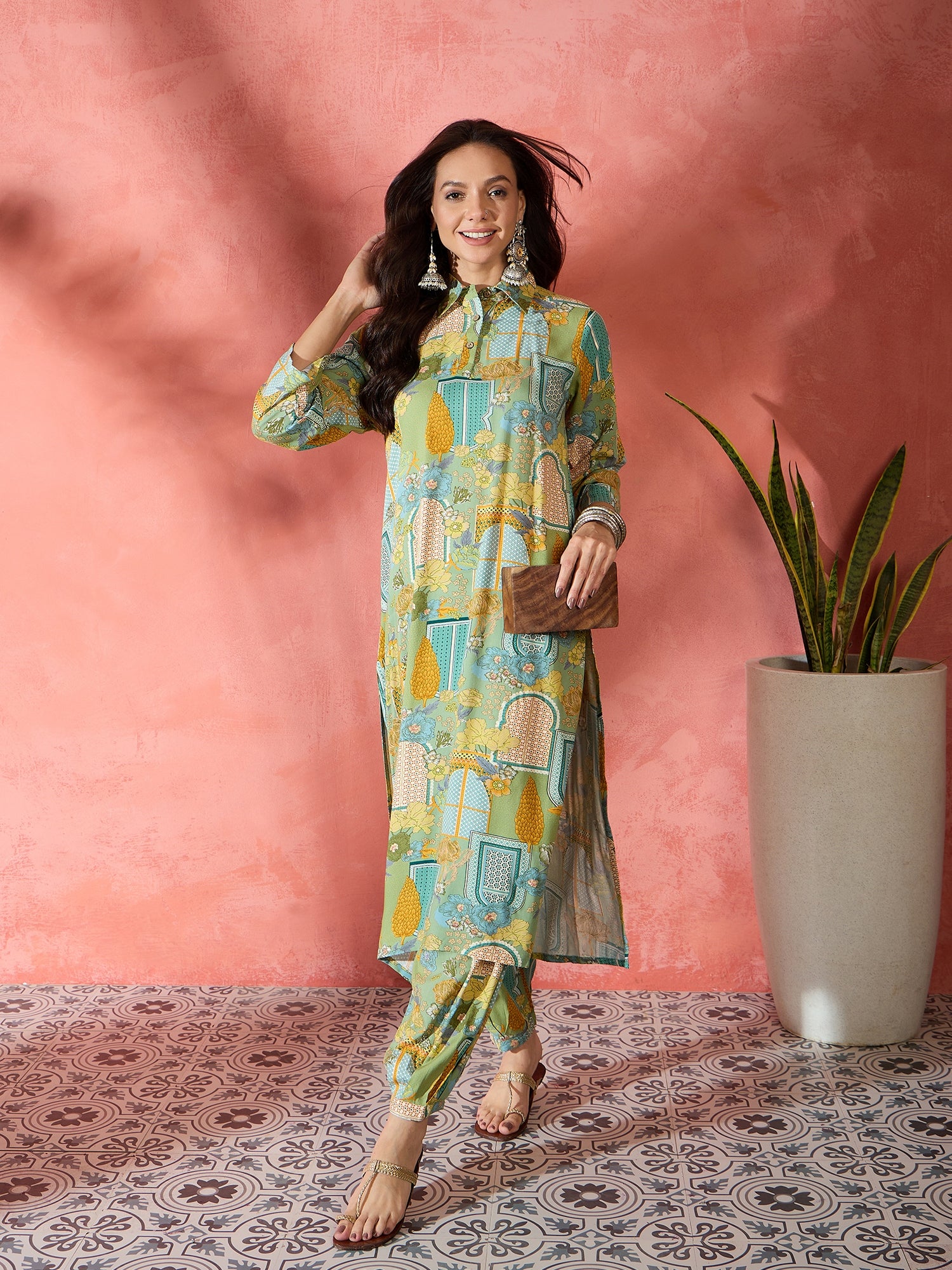 Pear Green Window Print Collar Kurta Salwar Set