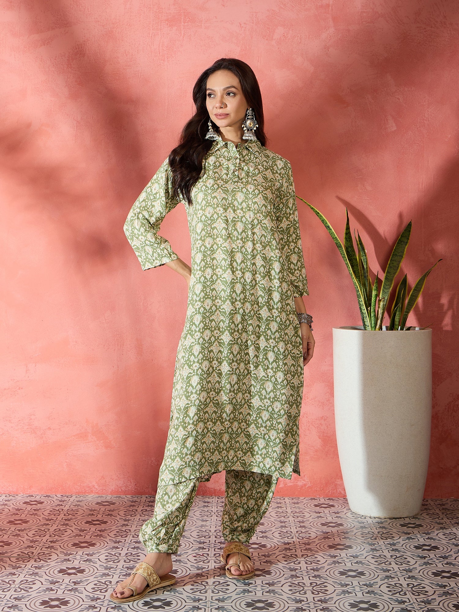 Apple Green Ikkat Foil Collar Kurta Salwar Set