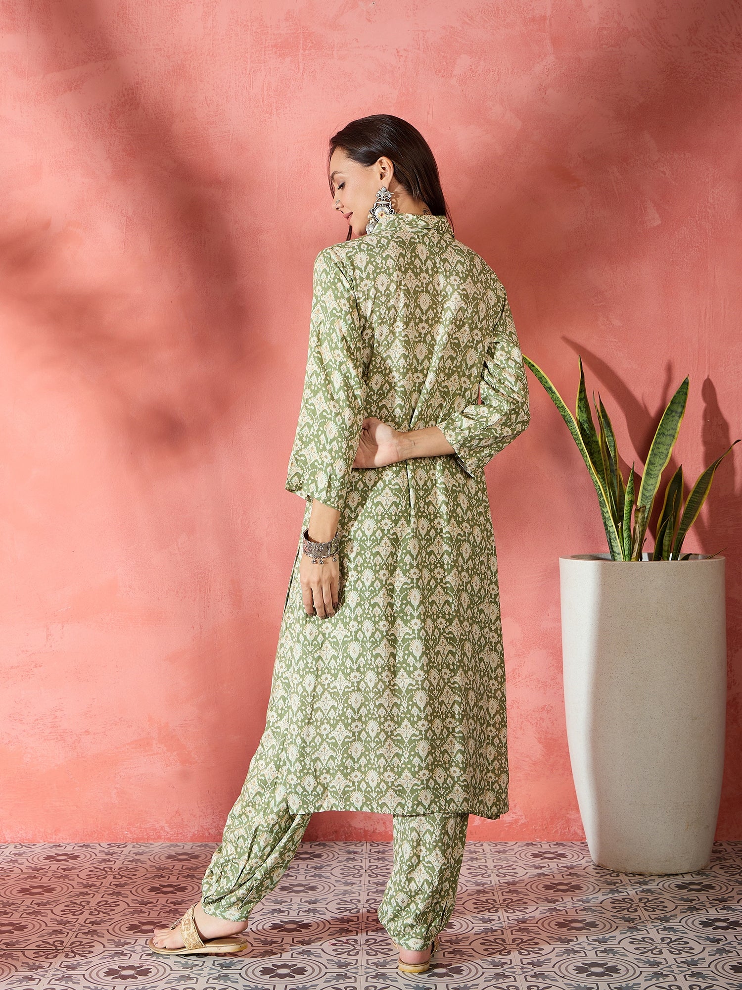 Apple Green Ikkat Foil Collar Kurta Salwar Set