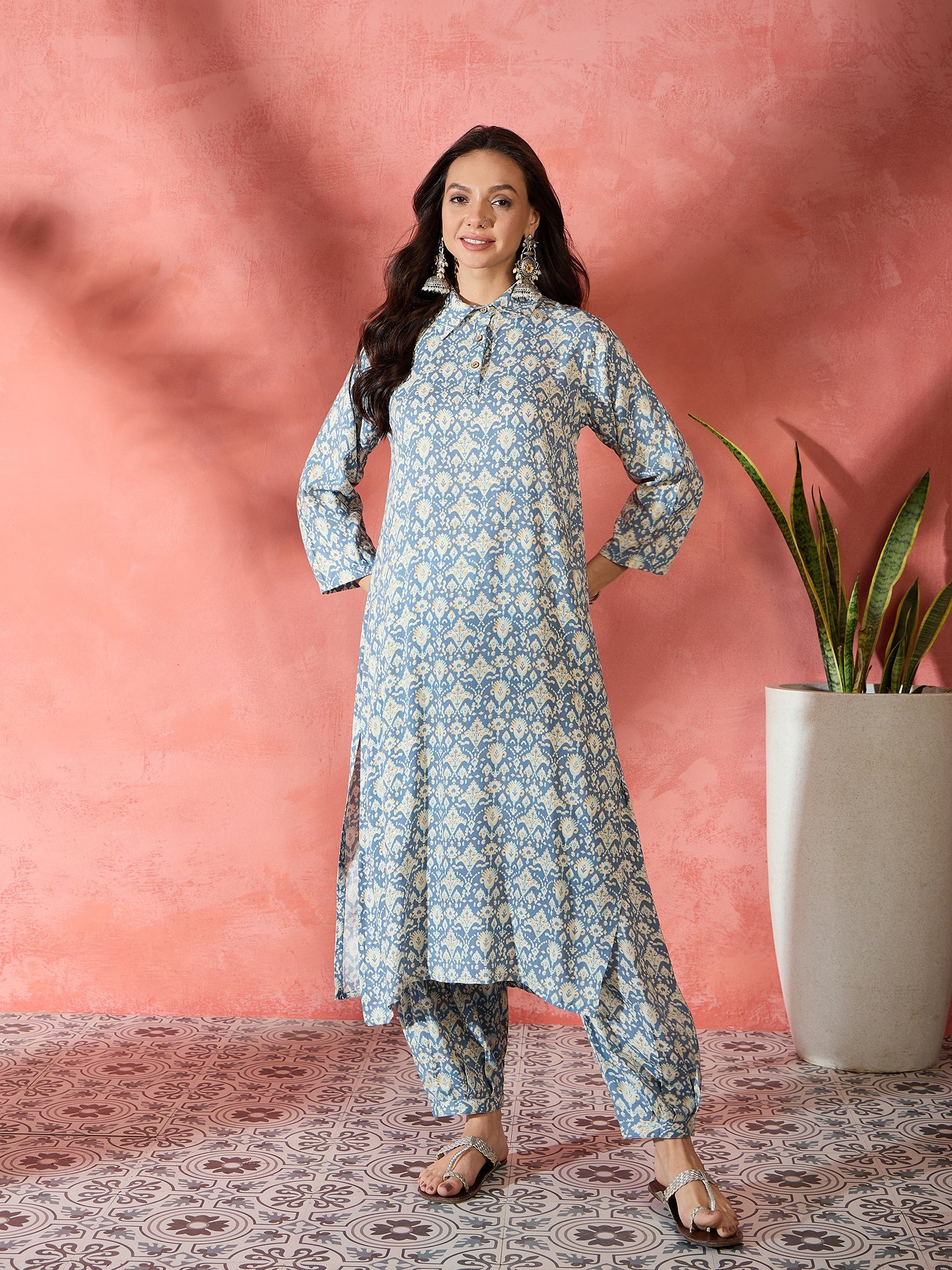 Powder Blue Ikkat Foil Collar Kurta Salwar Set