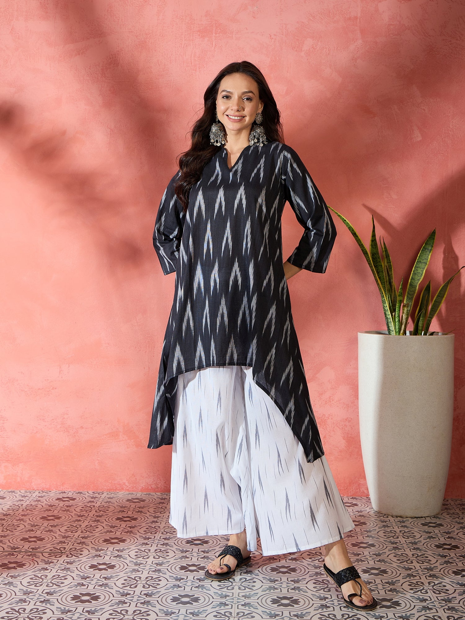 Black White Ikkat Manderian Neck High Low Kurta Set