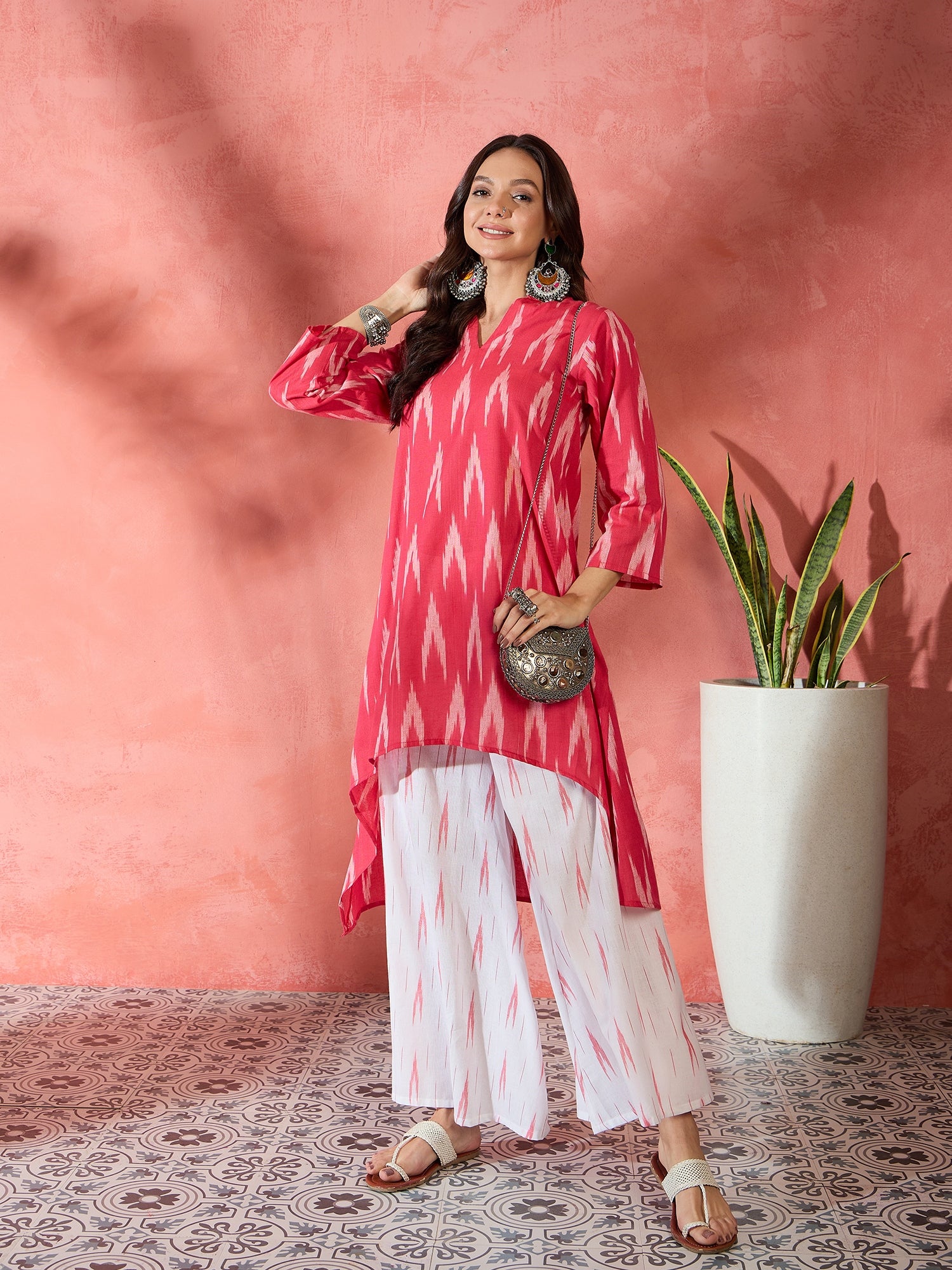 Red White Ikkat Manderian Neck High Low Kurta Set