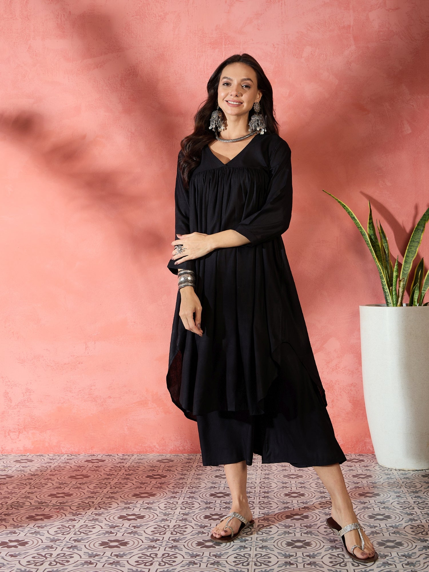 Black V-Neck Flared Kurta Short Palazzo Set