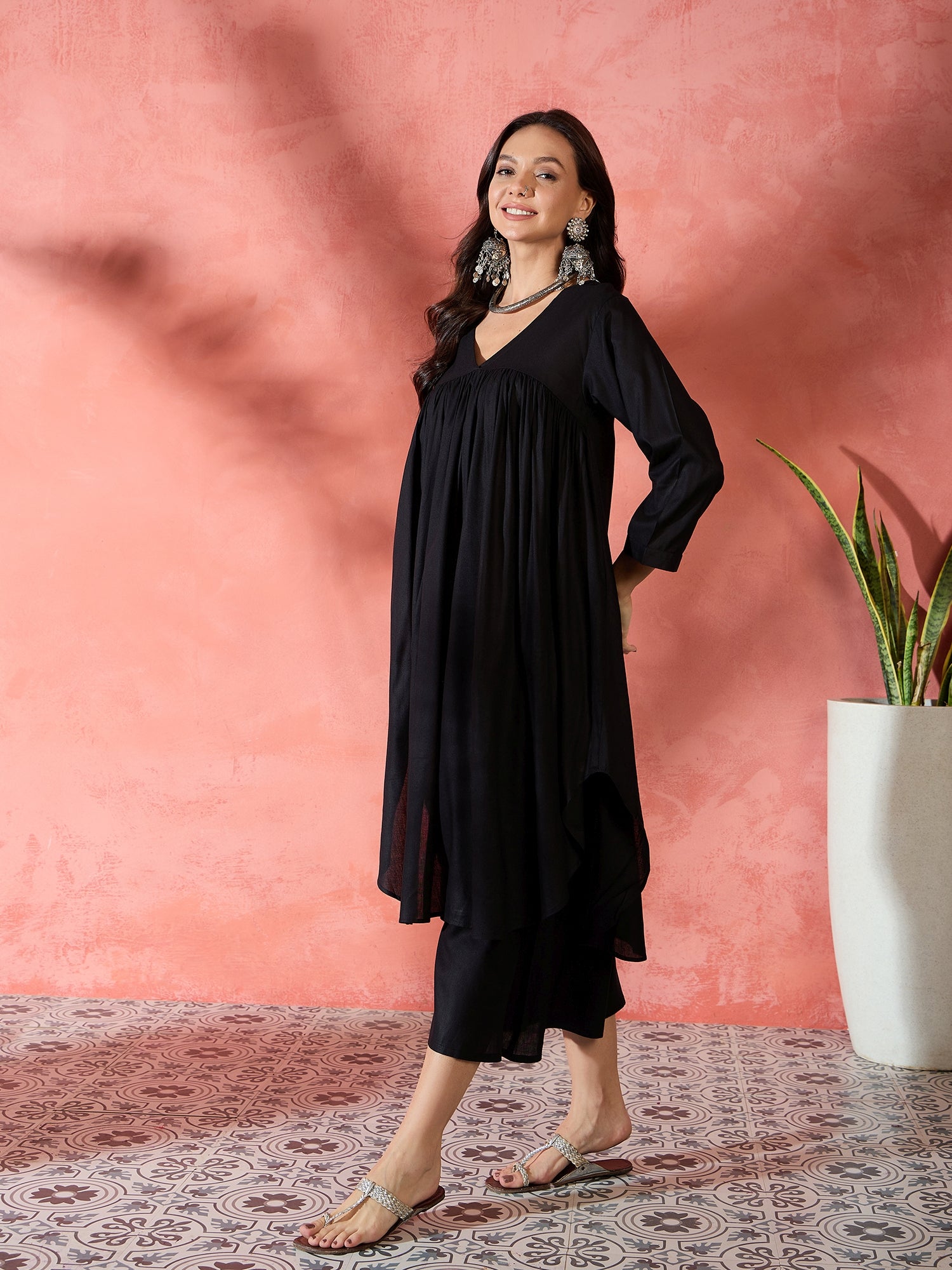 Black V-Neck Flared Kurta Short Palazzo Set