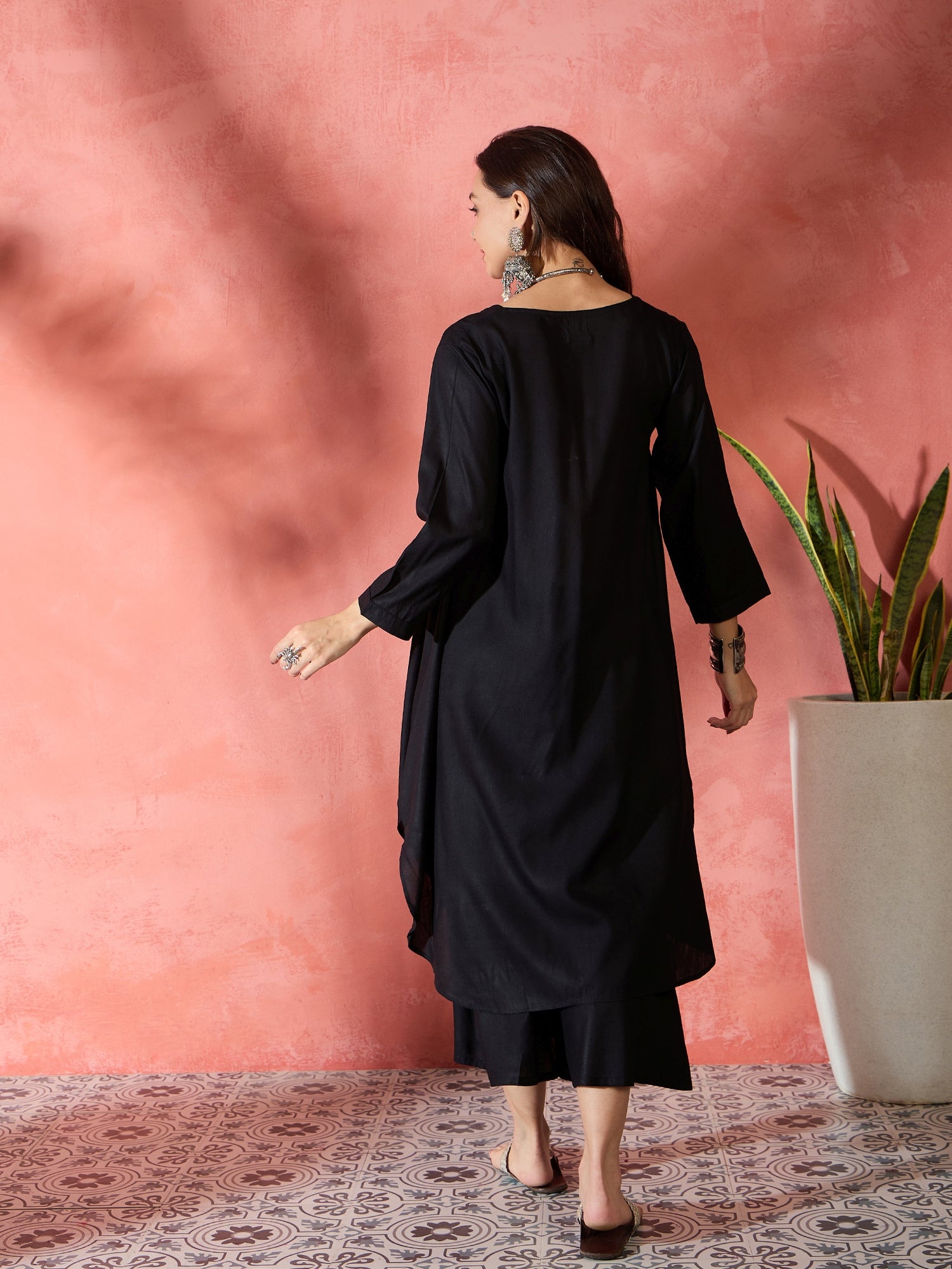 Black V-Neck Flared Kurta Short Palazzo Set