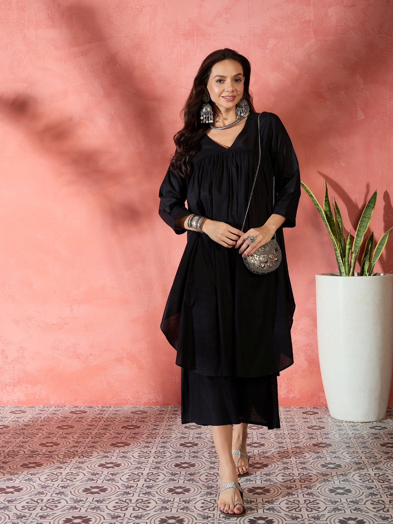 Black V-Neck Flared Kurta Short Palazzo Set