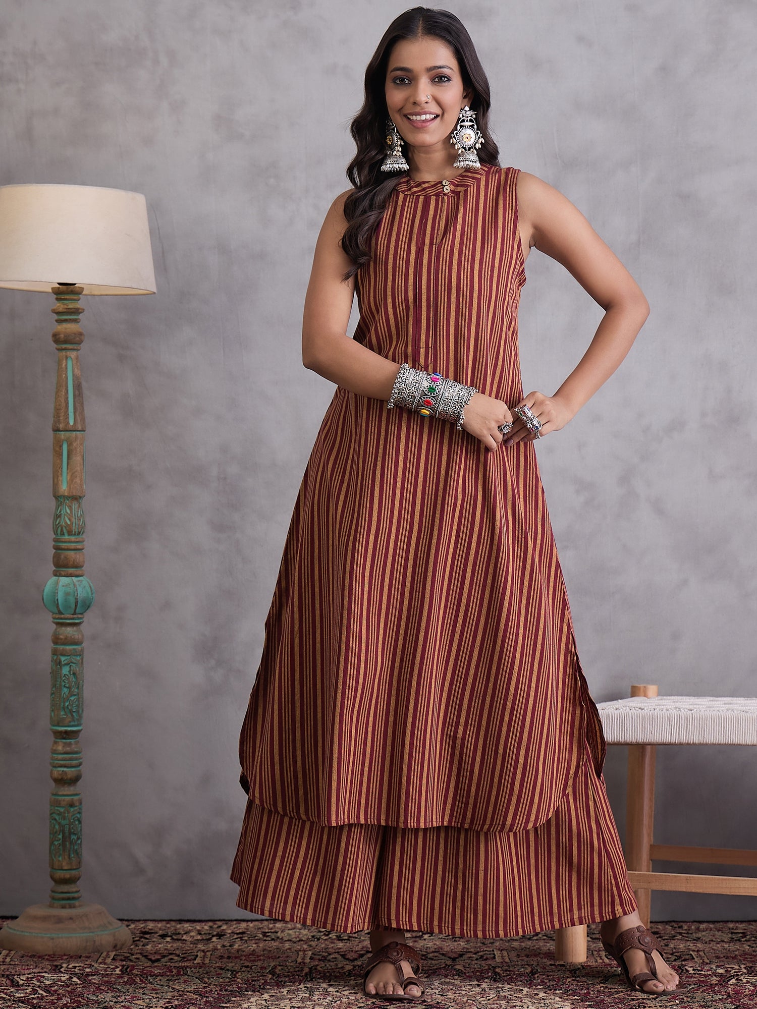 Maroon Orange Striped Kurta Set