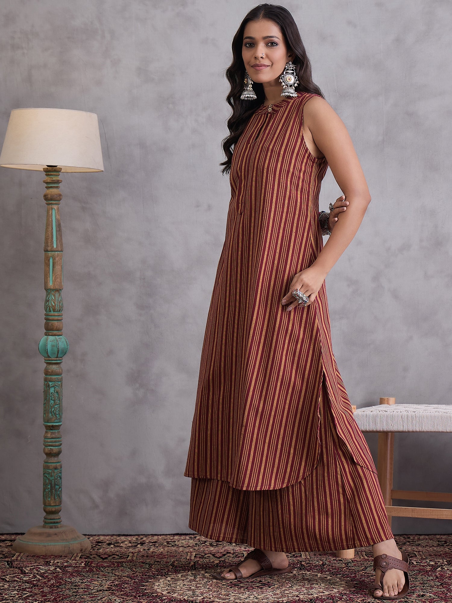 Maroon Orange Striped Kurta Set