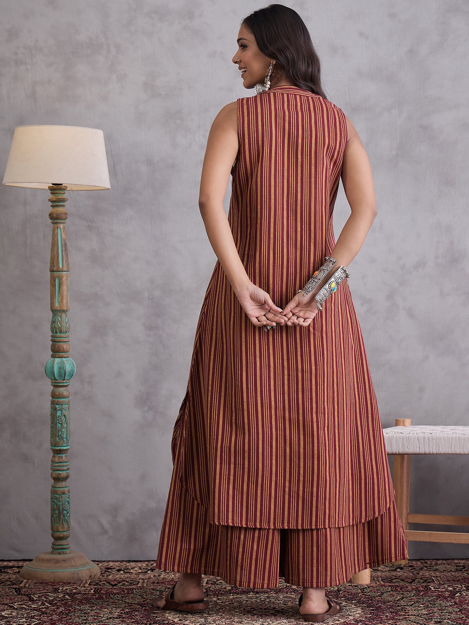 Maroon Orange Striped Kurta Set