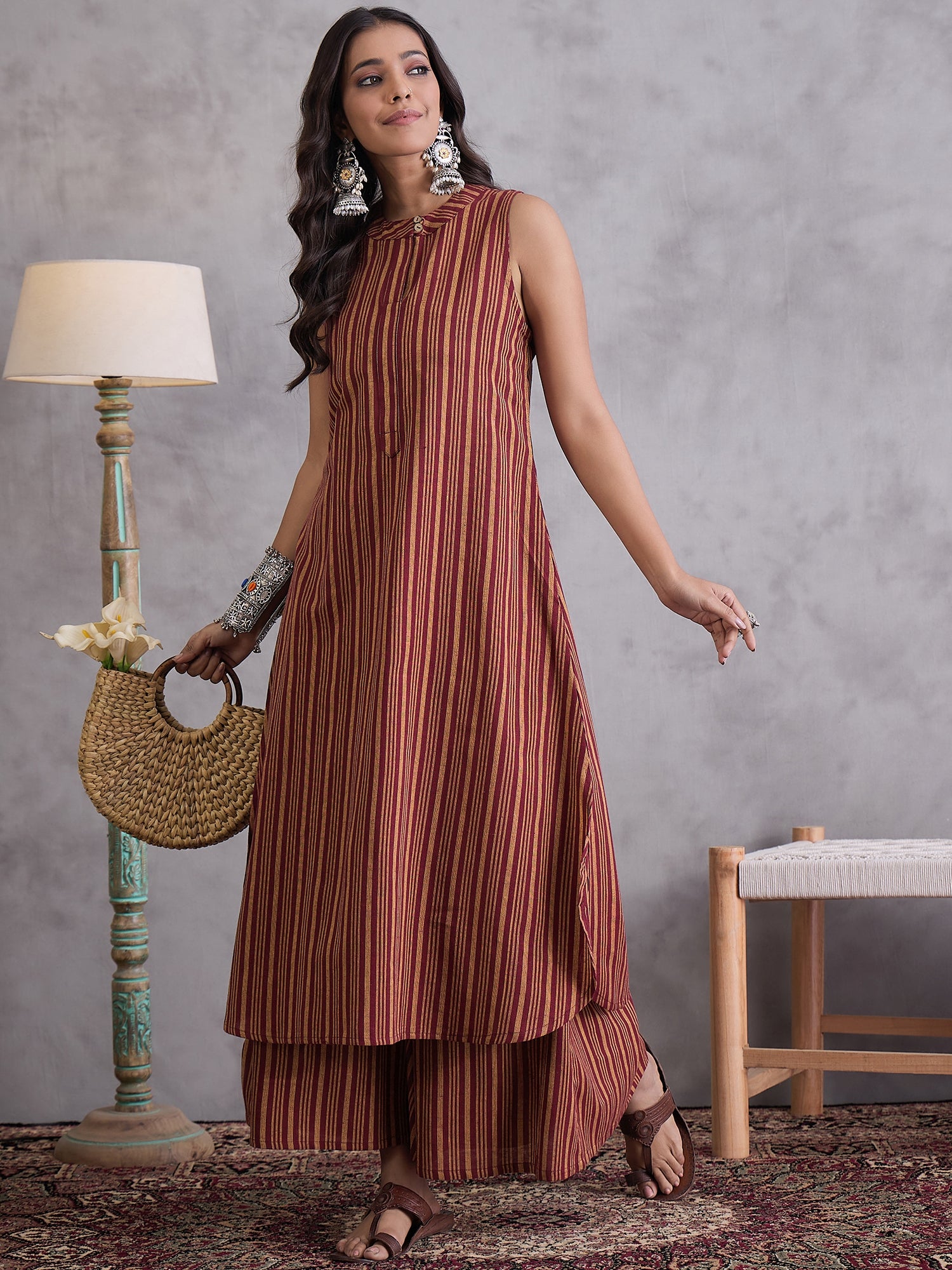 Maroon Orange Striped Kurta Set