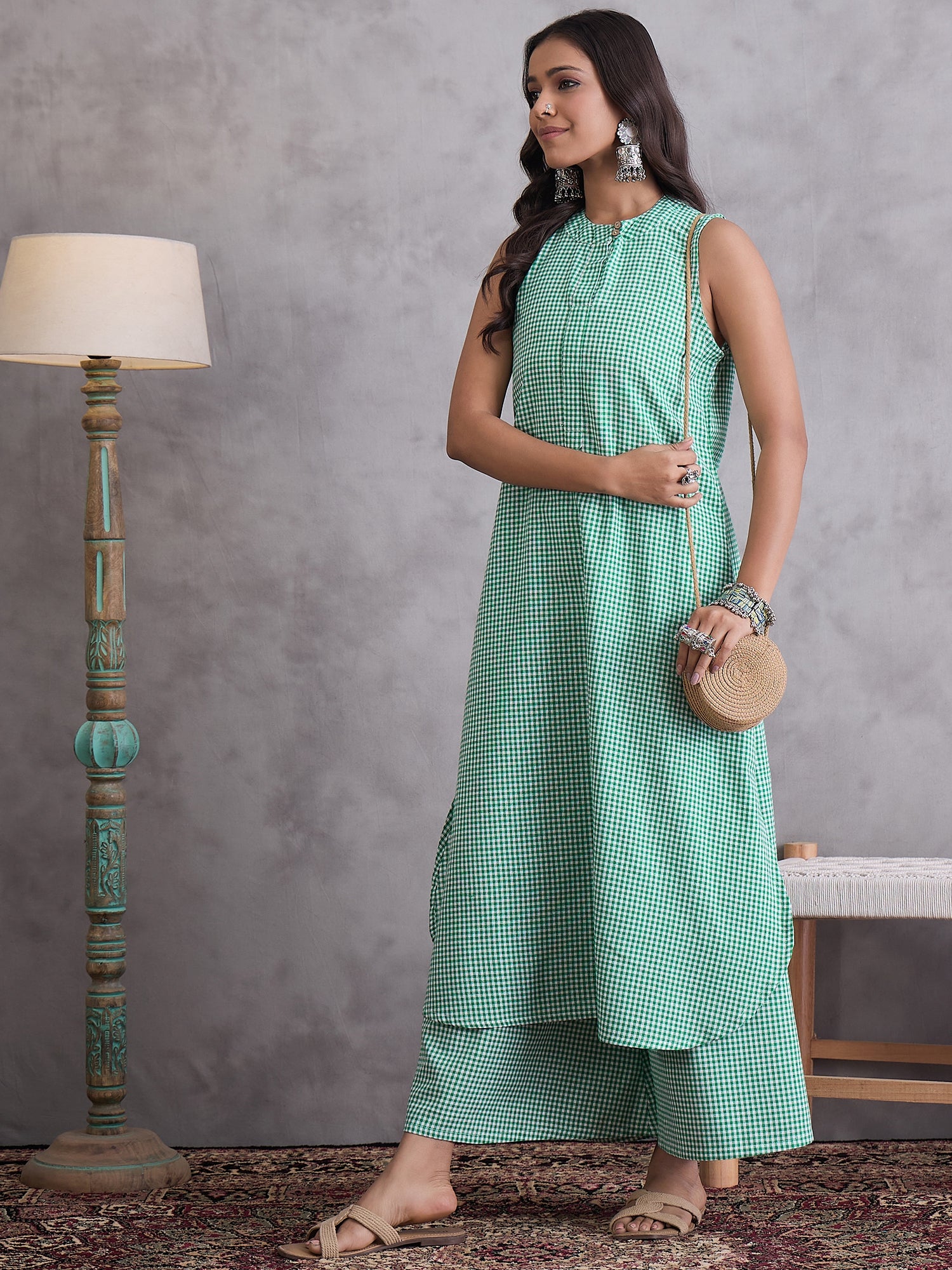 Green Small Check Kurta Set