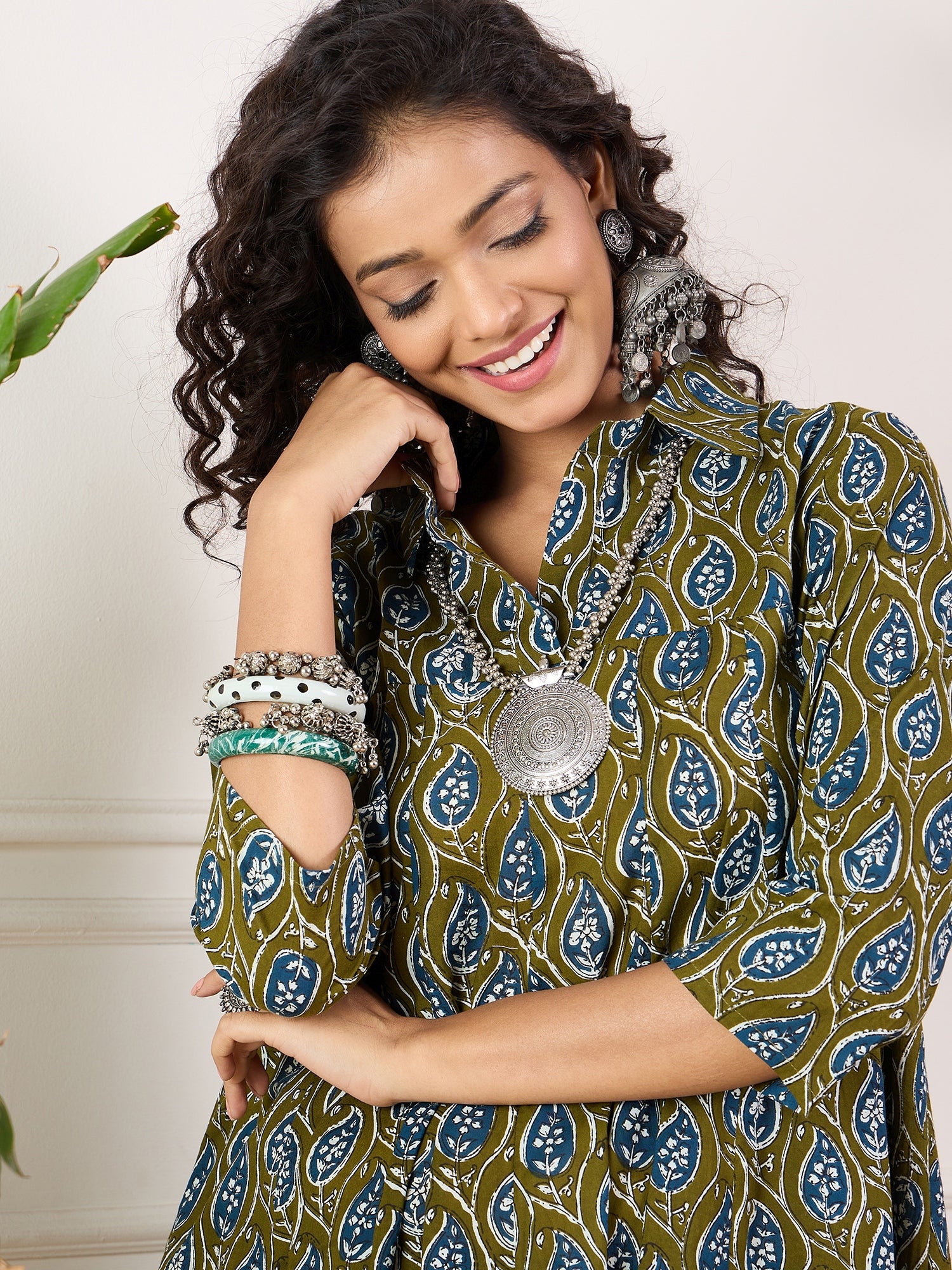 Olive Indigo Ajrak Leaves Collar Flared Dress