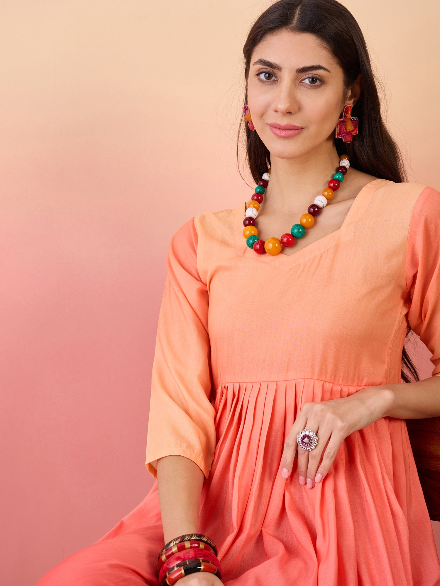 Fresh Peach Persian Red Dyed Sweetheart Neck Long Anarkali Kurta