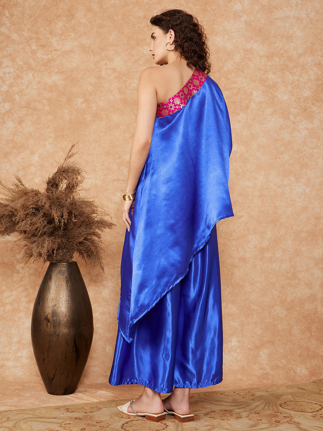 Blue Pink Brocade Satin Oneshoulder Kurta Set