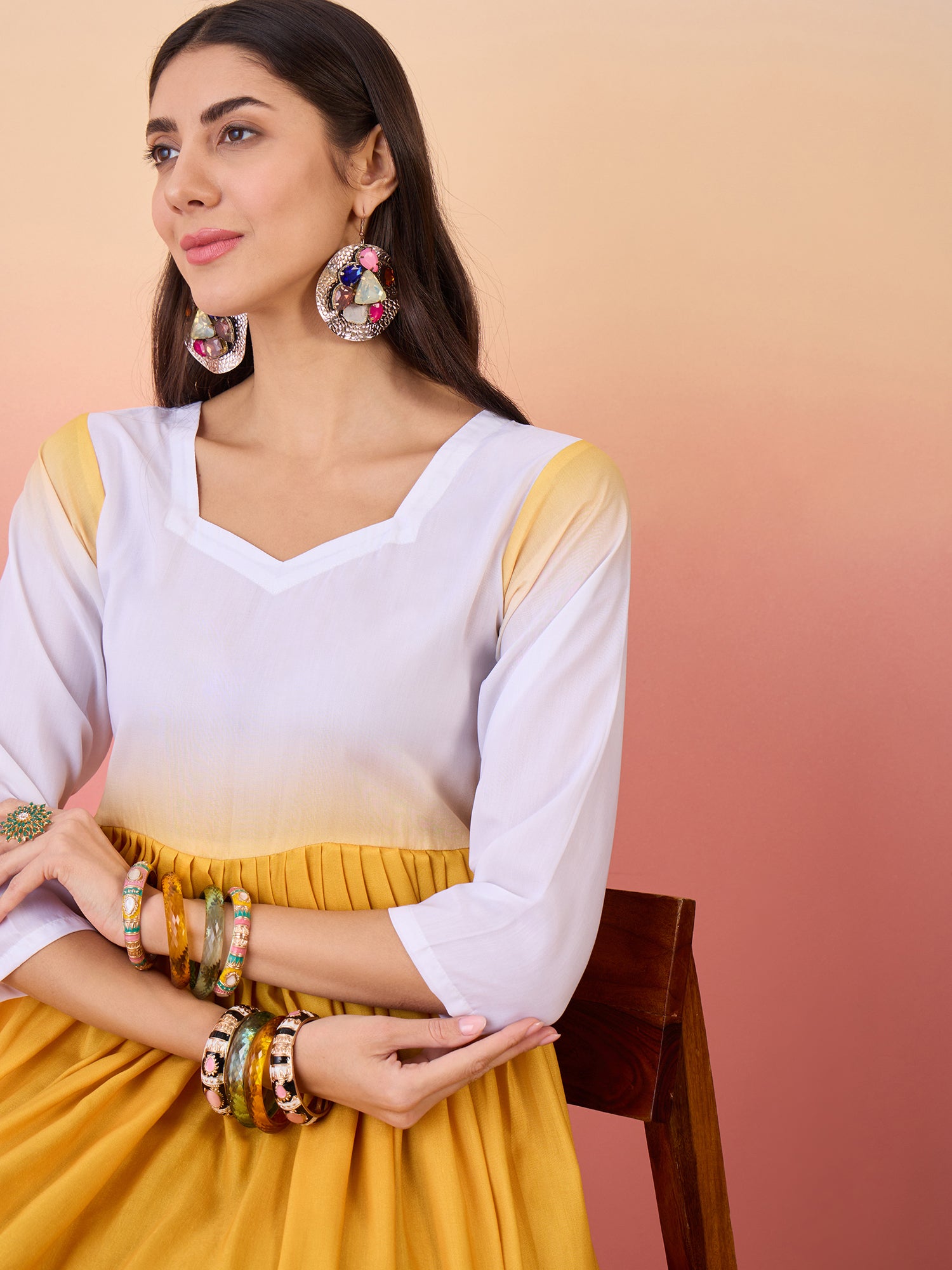 Yellow Orange White Dyed Sweetheart Neck Long Anarkali Kurta