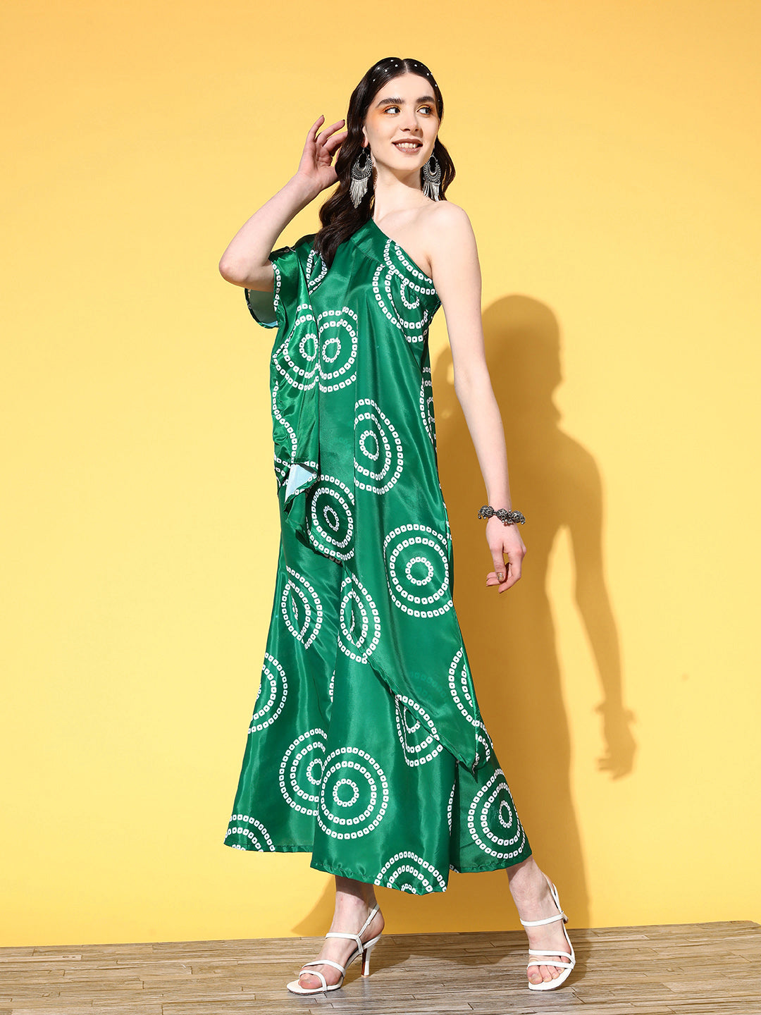 Green Bandhani Motif One Shoulder Palazzo Set