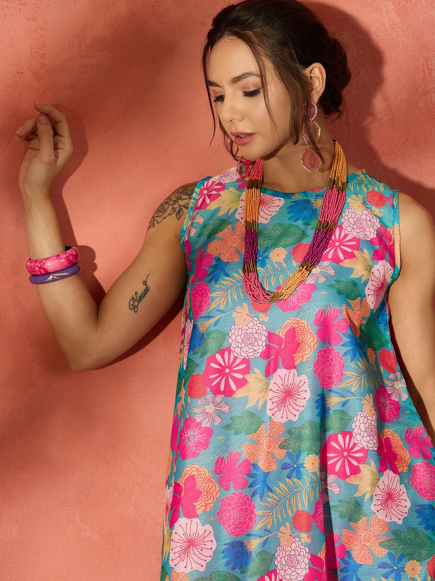 Blue Floral Fuchsia Asymmetrical Dress