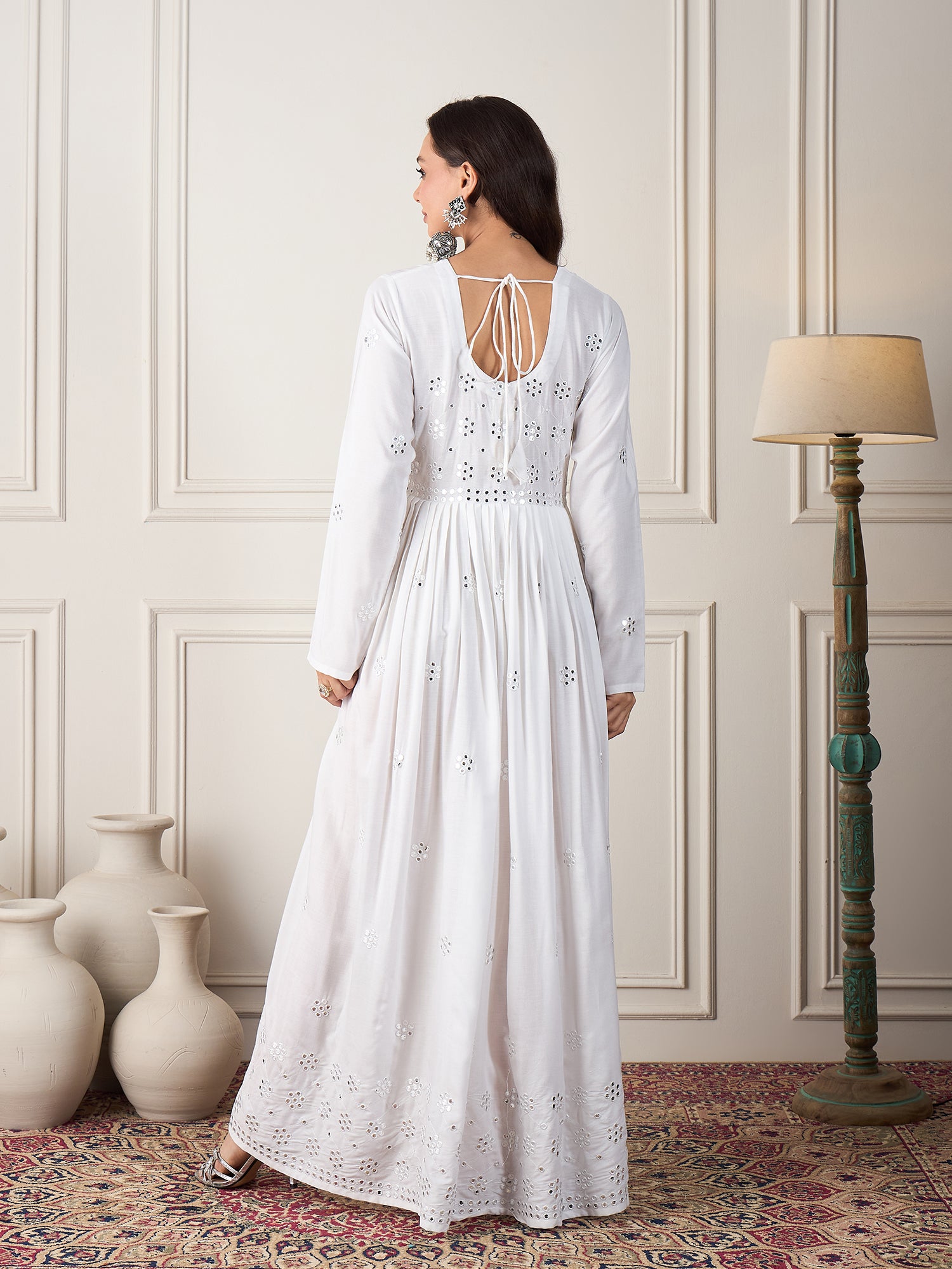 White Mirror Work Long Anarkali Kurta