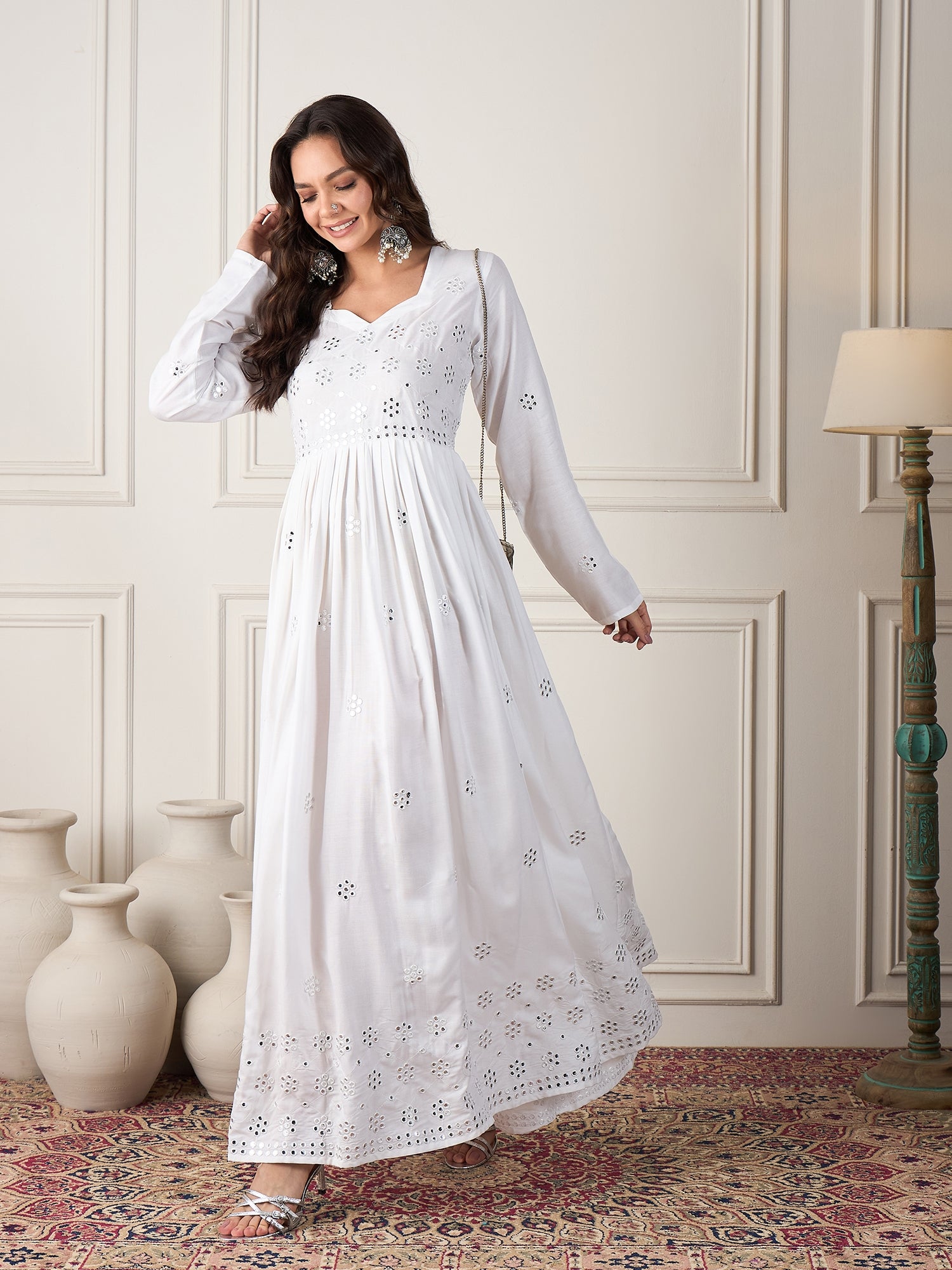 White Mirror Work Long Anarkali Kurta