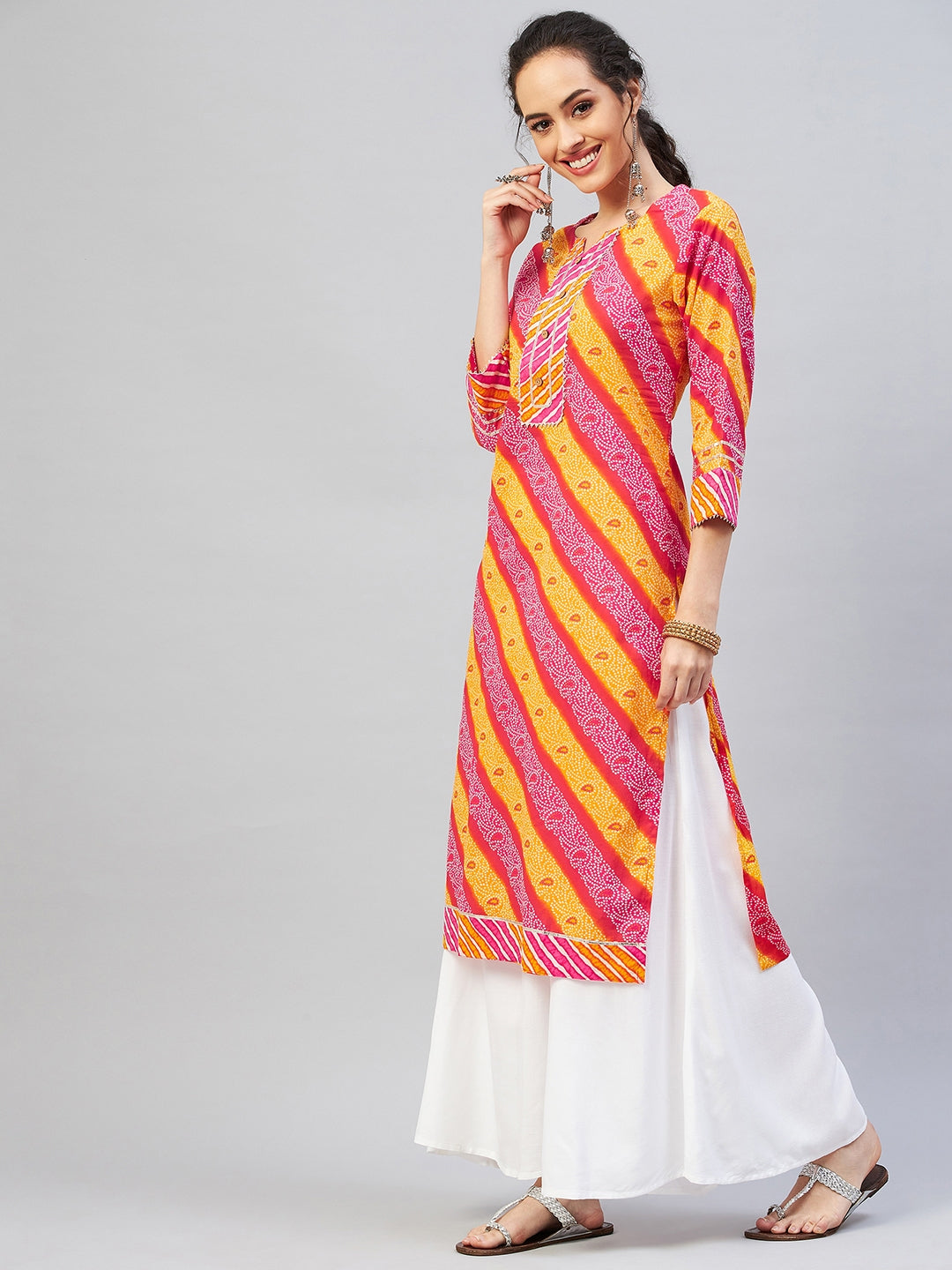 Pink Mustard Lehriya Straight Kurta