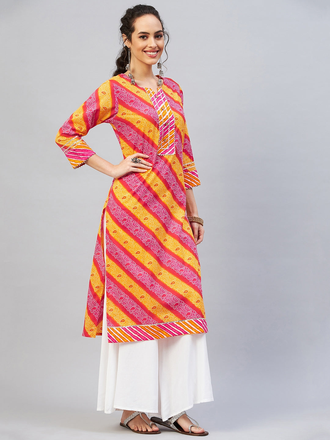 Pink Mustard Lehriya Straight Kurta