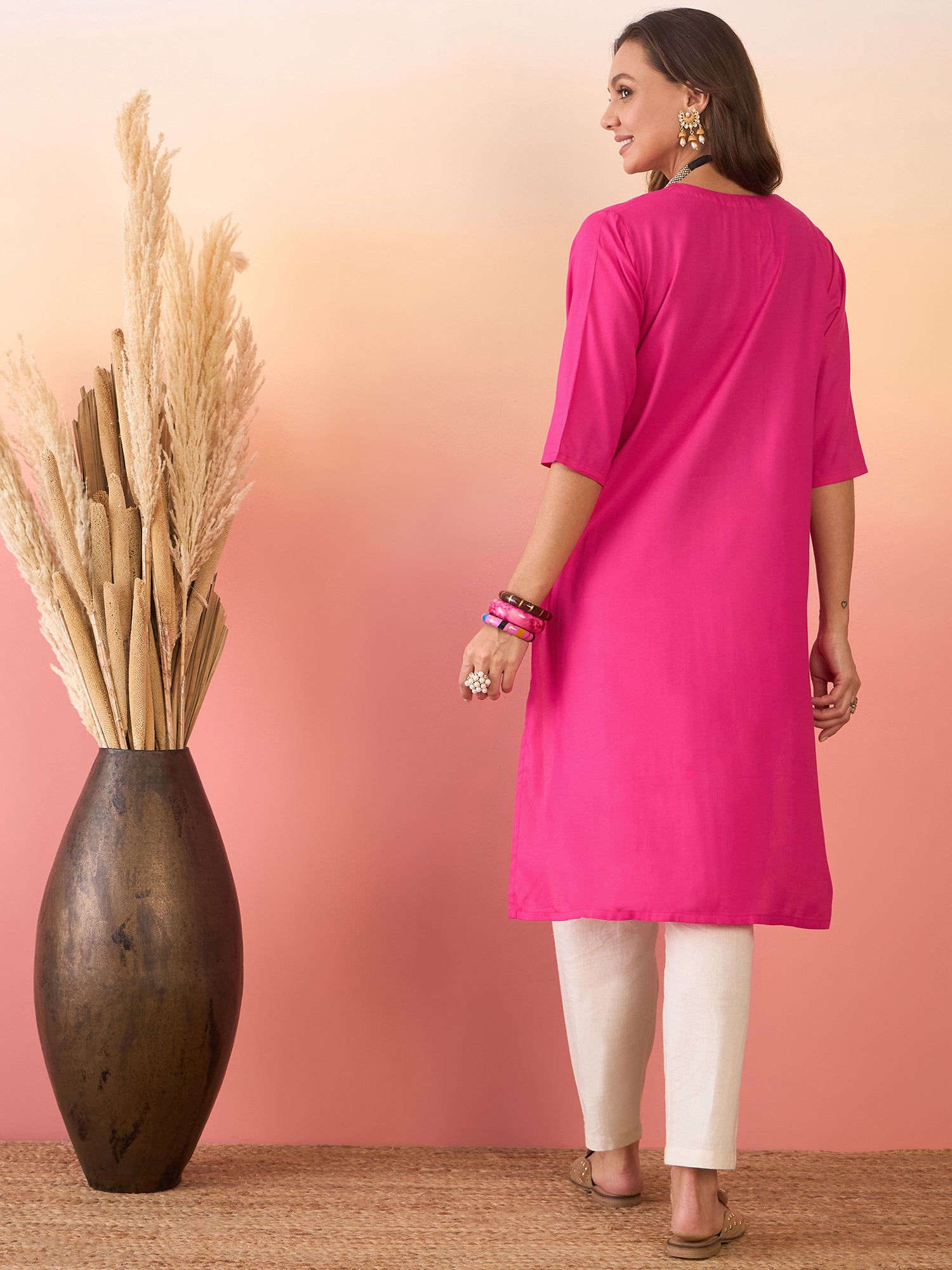 Fuchsia Yellow Foil Patch Pocket V Neck Kurta