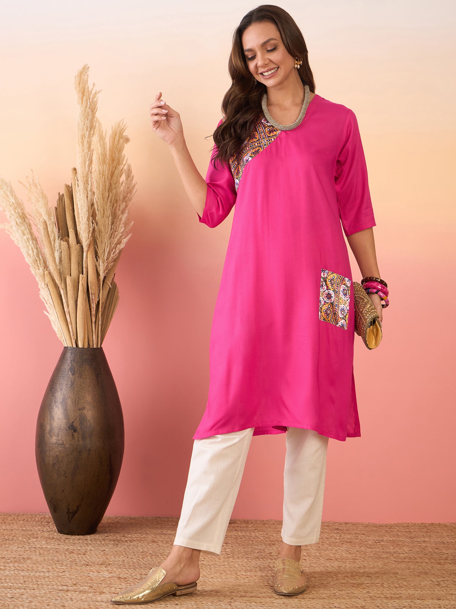 Fuchsia Yellow Foil Patch Pocket V Neck Kurta