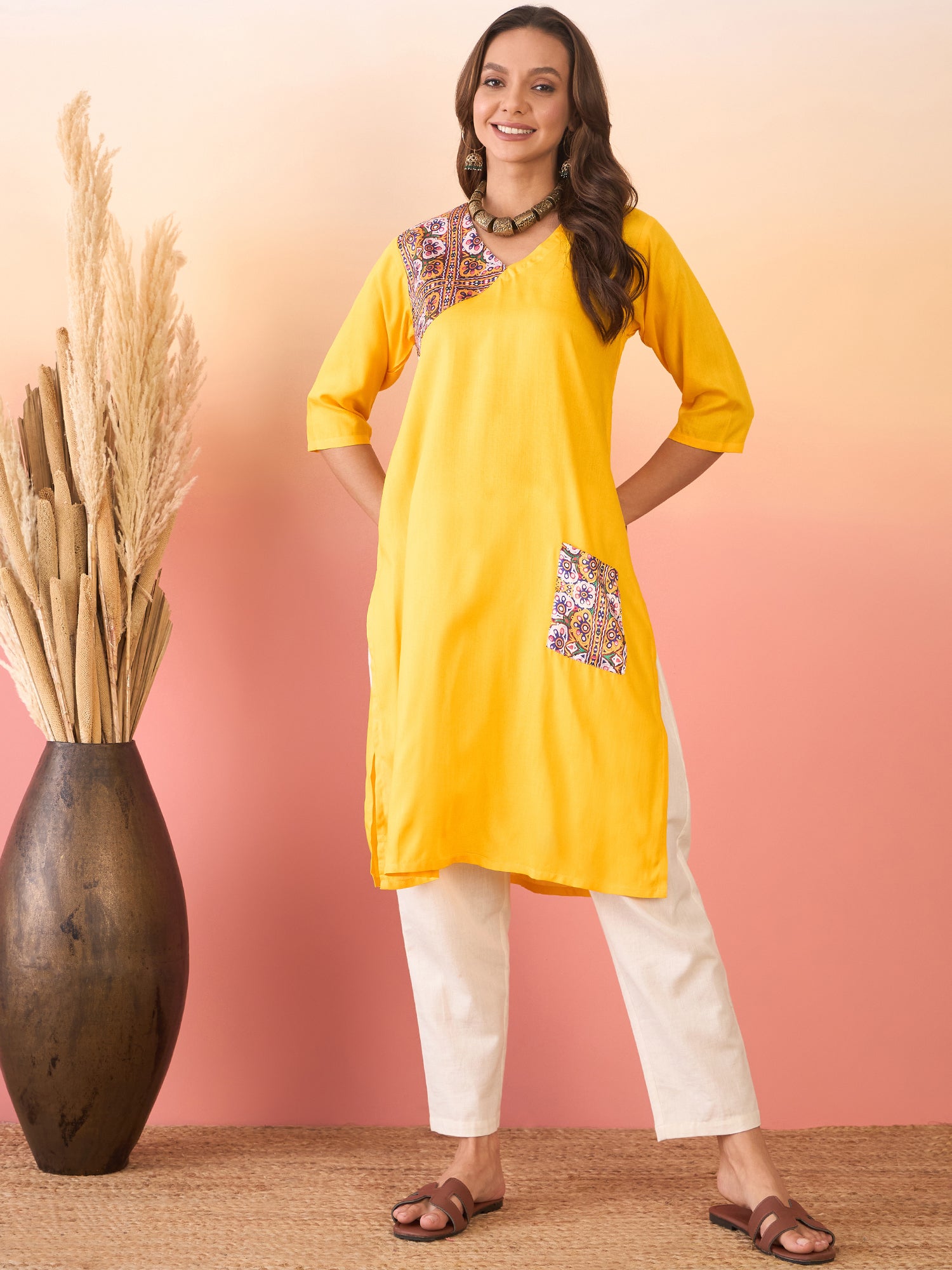 Yellow Yellow Foil Patch Pocket V Neck Kurta