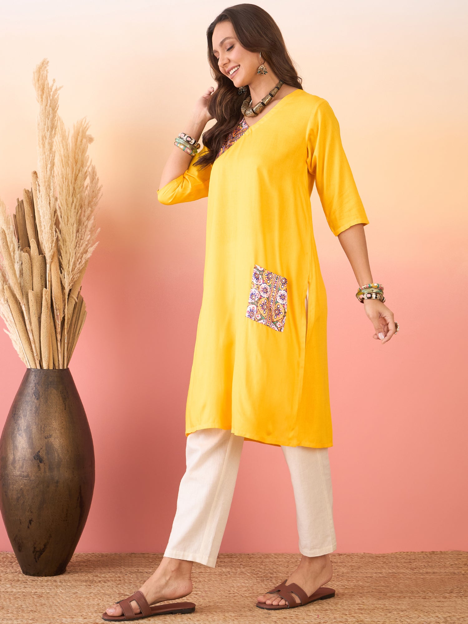 Yellow Yellow Foil Patch Pocket V Neck Kurta