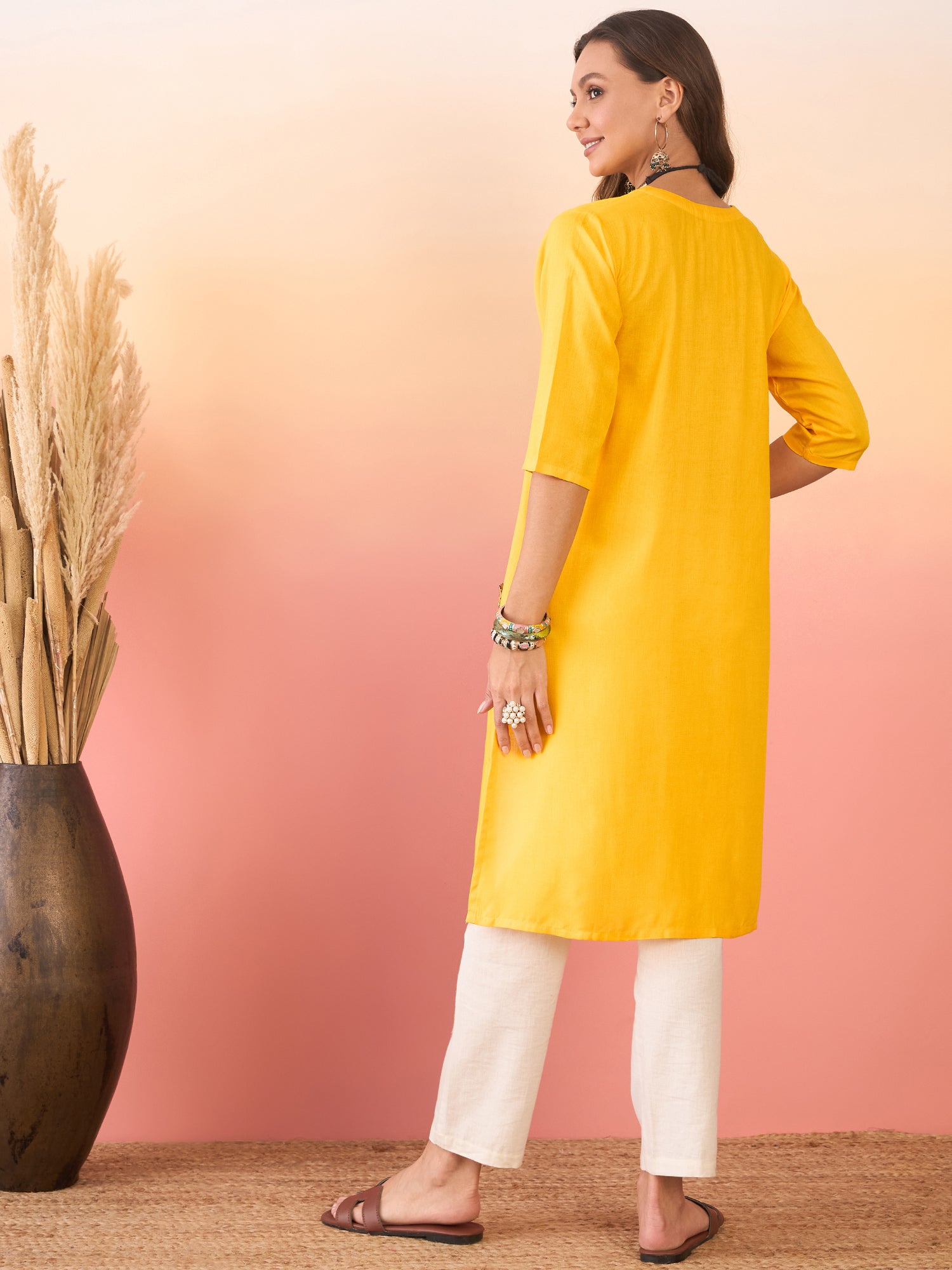 Yellow Yellow Foil Patch Pocket V Neck Kurta