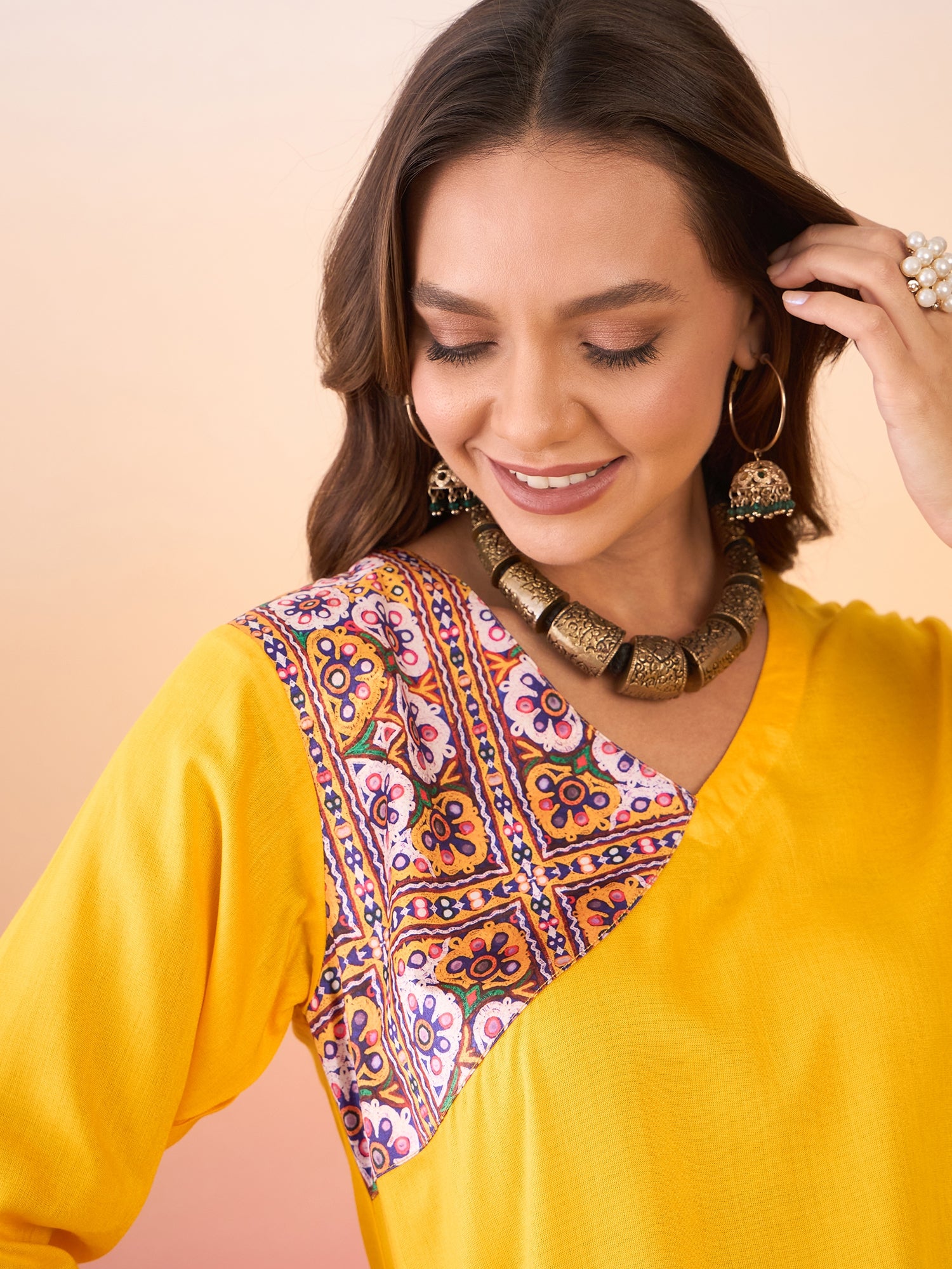 Yellow Yellow Foil Patch Pocket V Neck Kurta