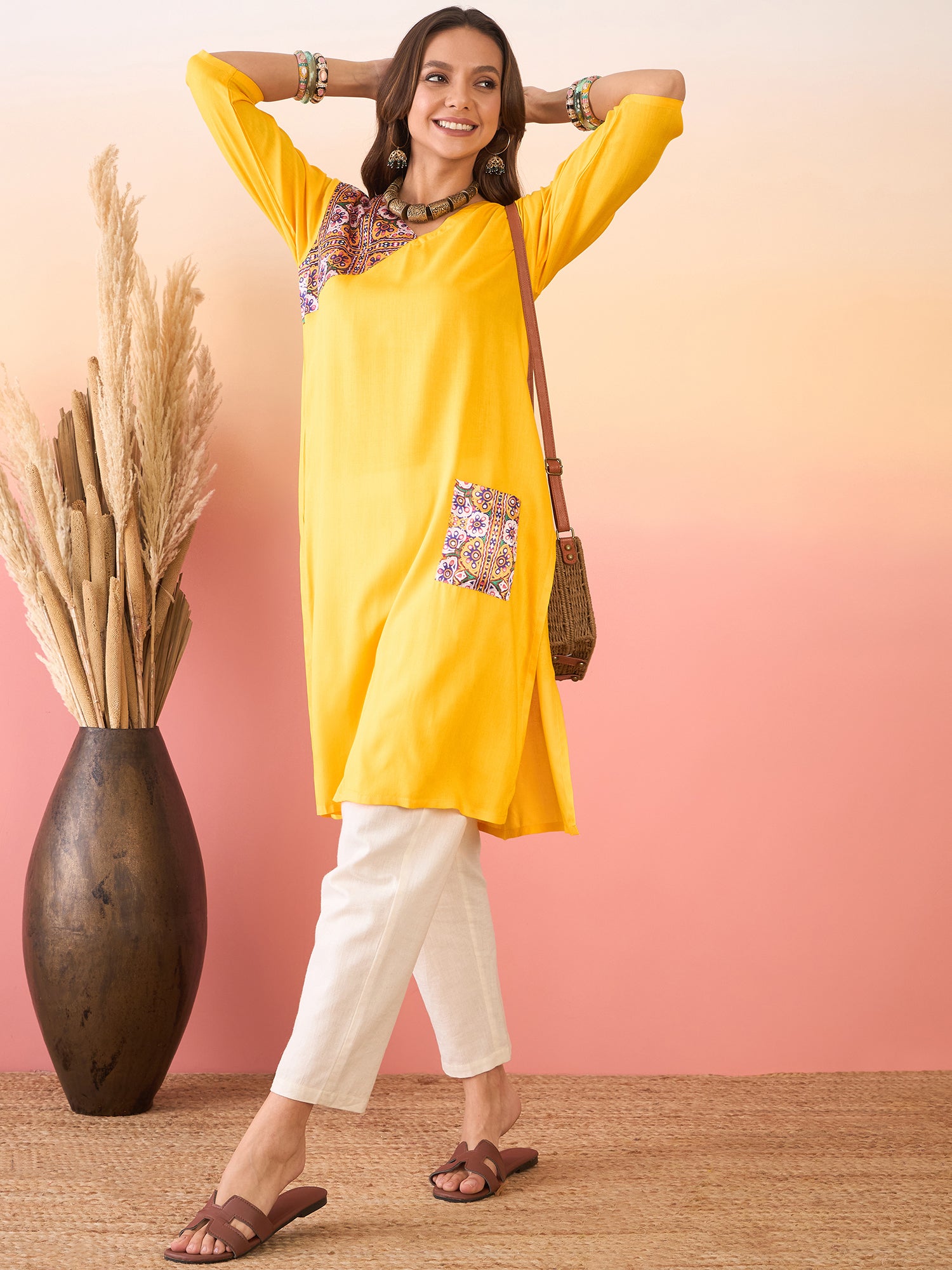 Yellow Yellow Foil Patch Pocket V Neck Kurta