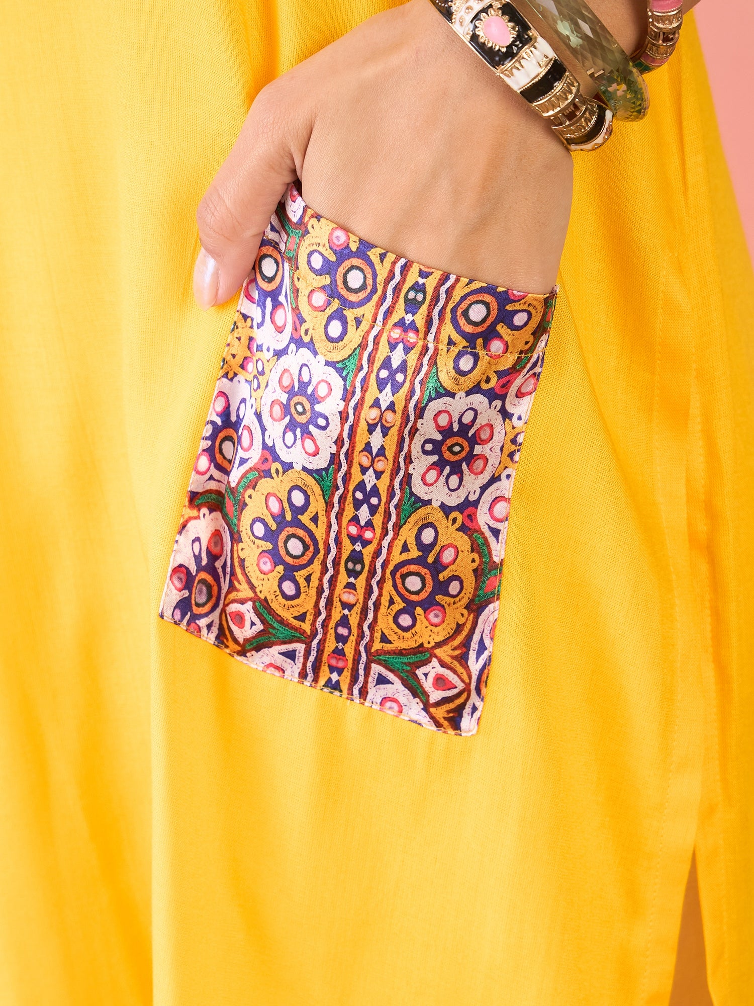 Yellow Yellow Foil Patch Pocket V Neck Kurta