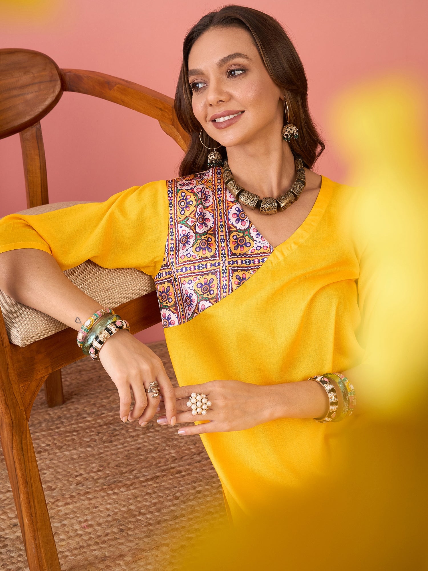 Yellow Yellow Foil Patch Pocket V Neck Kurta