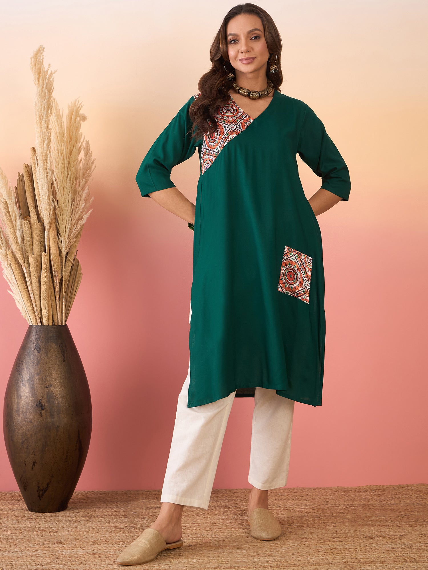 Green Orange Foil Patch Pocket V Neck Kurta