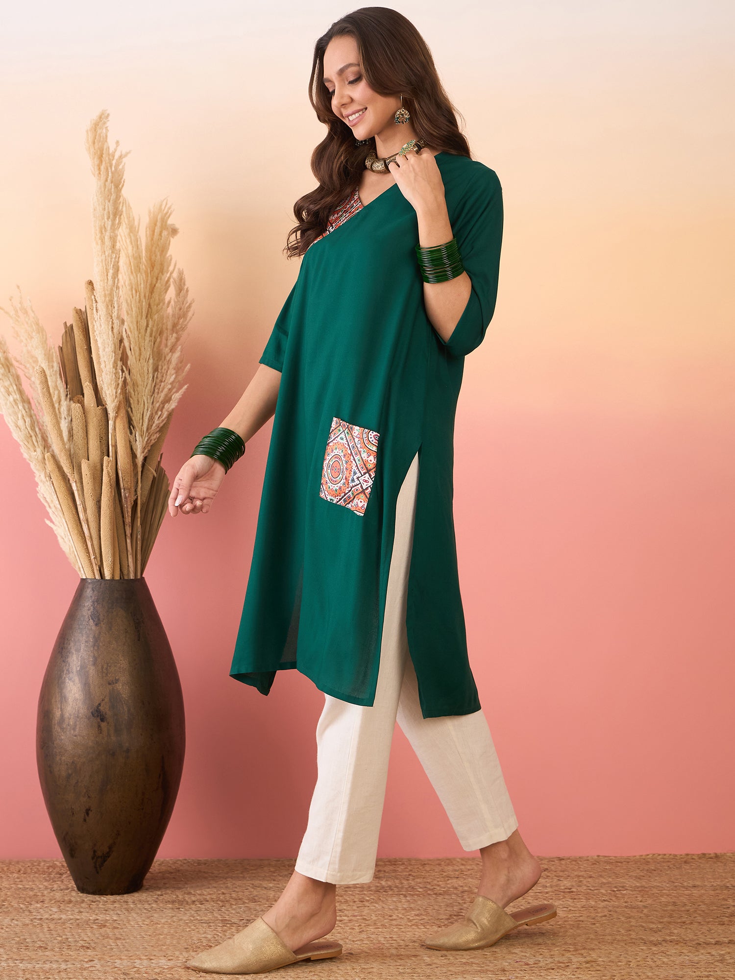 Green Orange Foil Patch Pocket V Neck Kurta