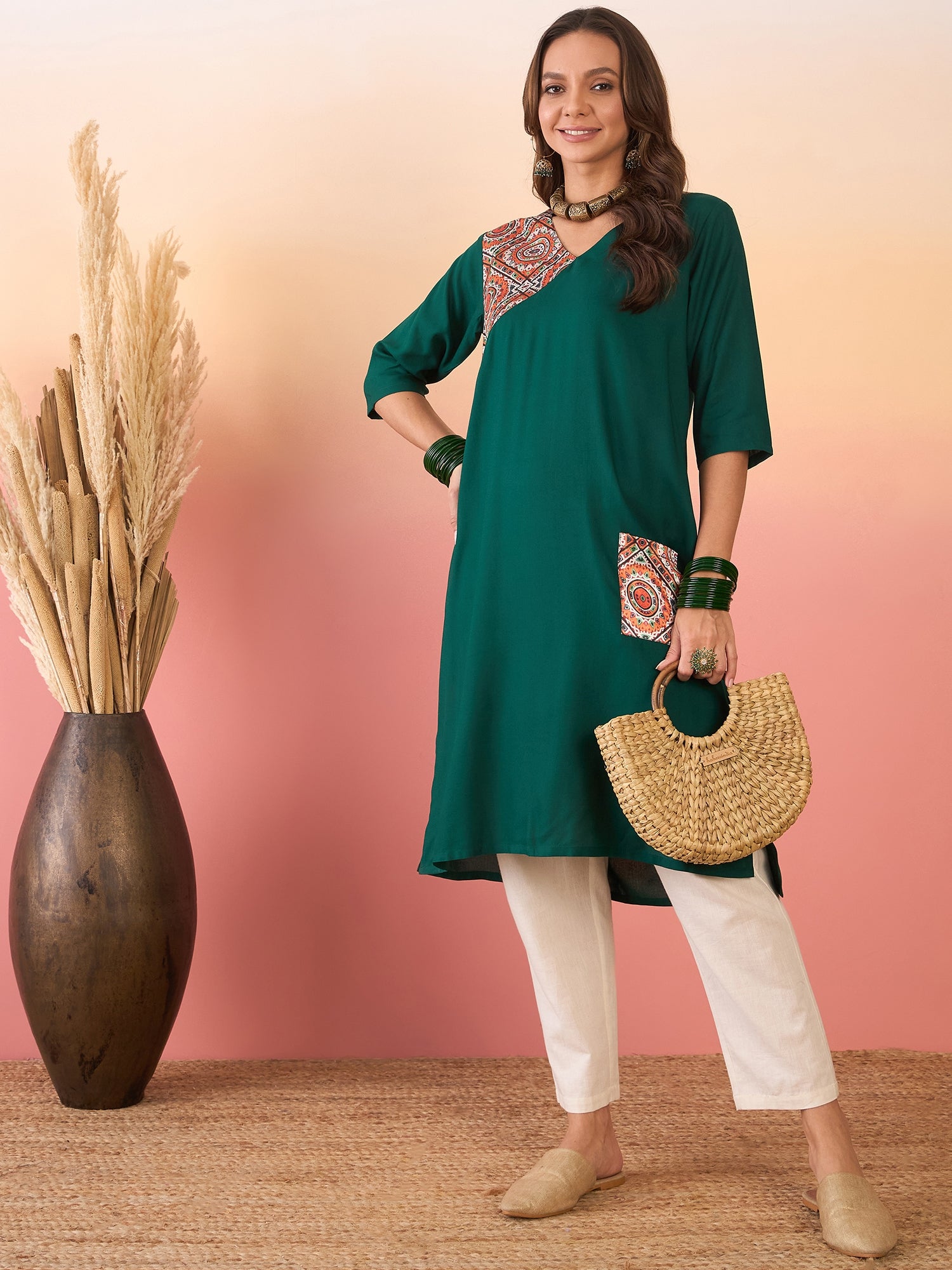 Green Orange Foil Patch Pocket V Neck Kurta