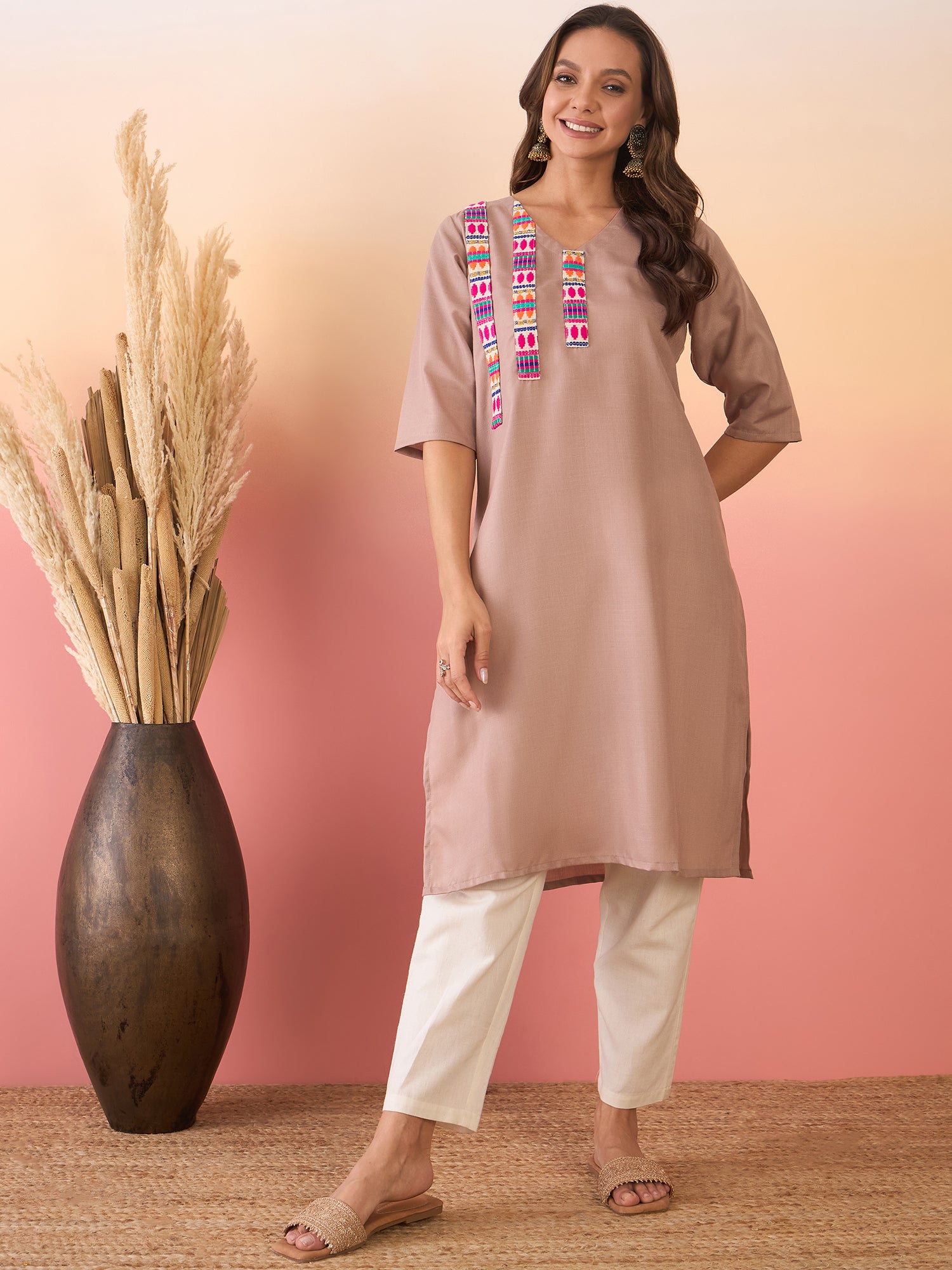 Dirt Brown Linen Pink Blue Patti V Neck Kurta