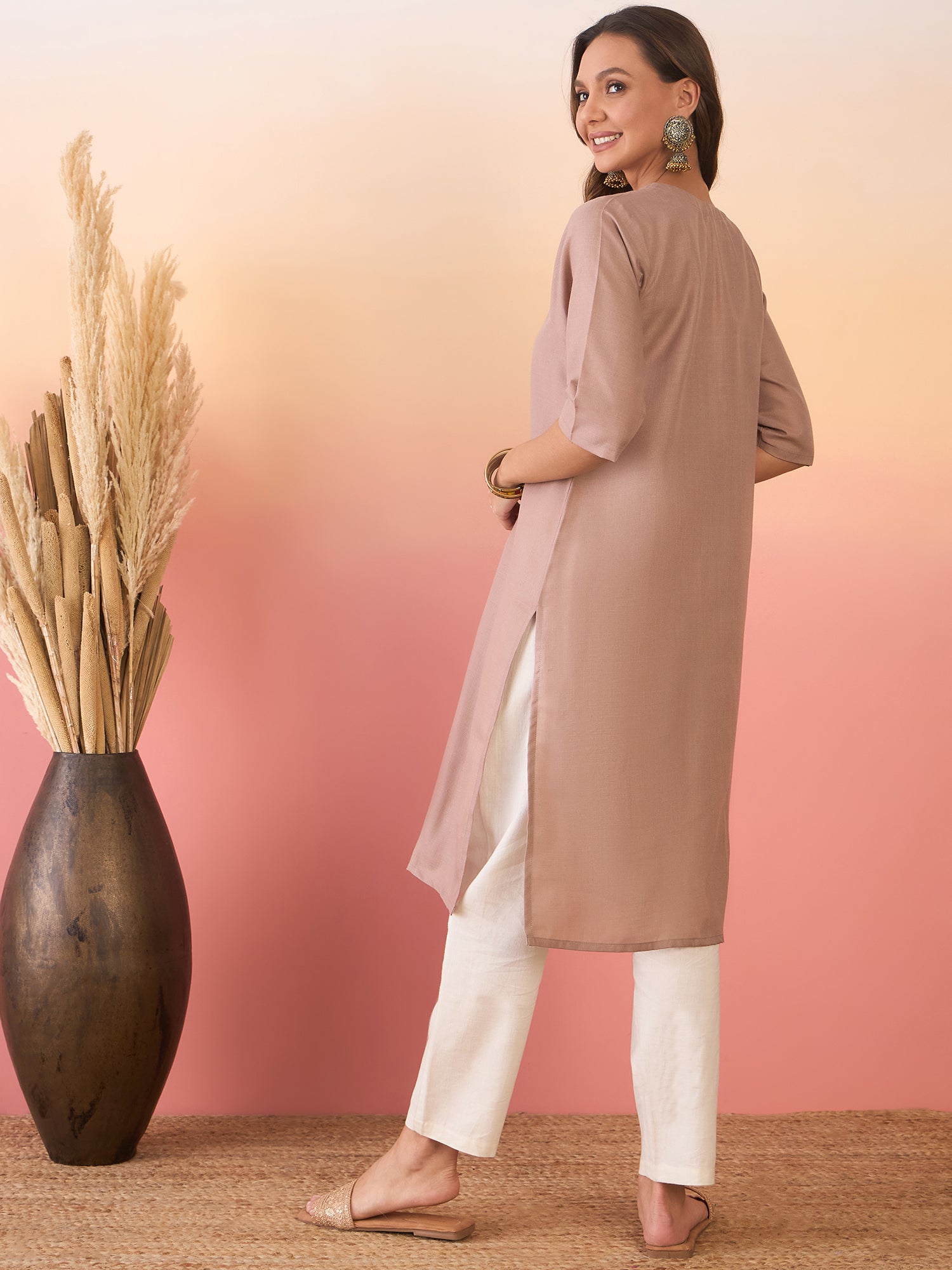 Dirt Brown Linen Pink Blue Patti V Neck Kurta