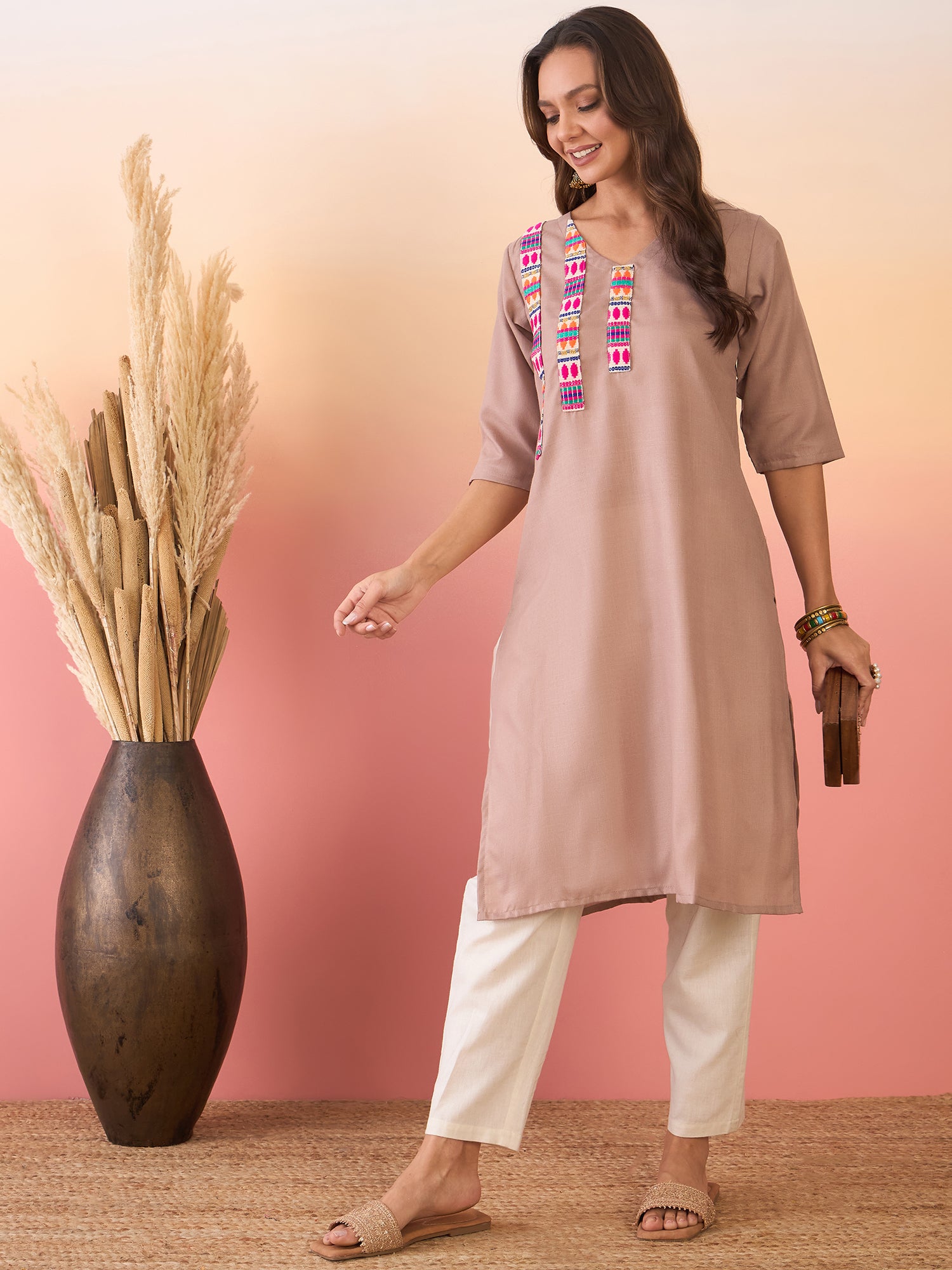 Dirt Brown Linen Pink Blue Patti V Neck Kurta