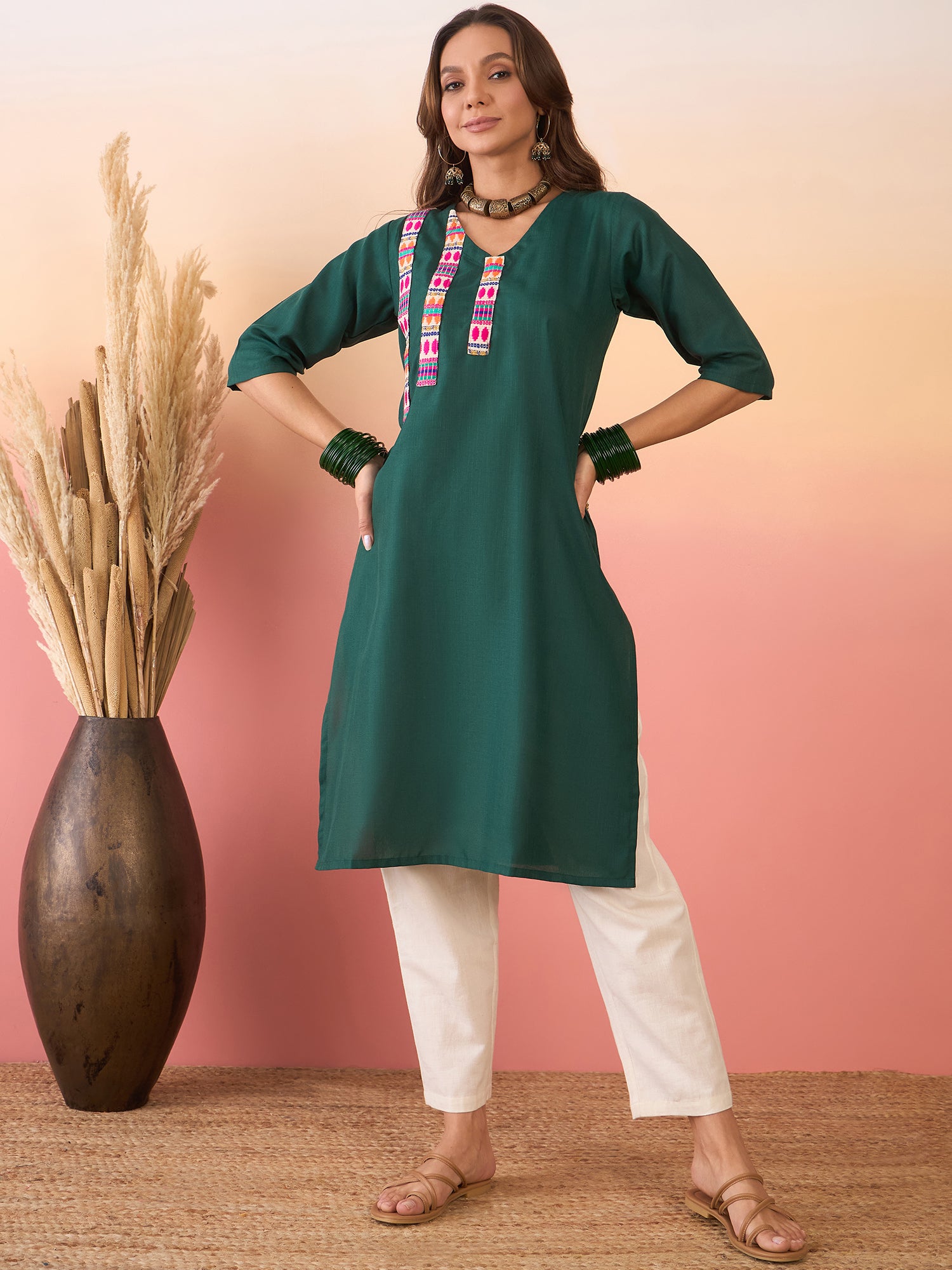 Dark Green Linen Pink Blue Patti V Neck Kurta