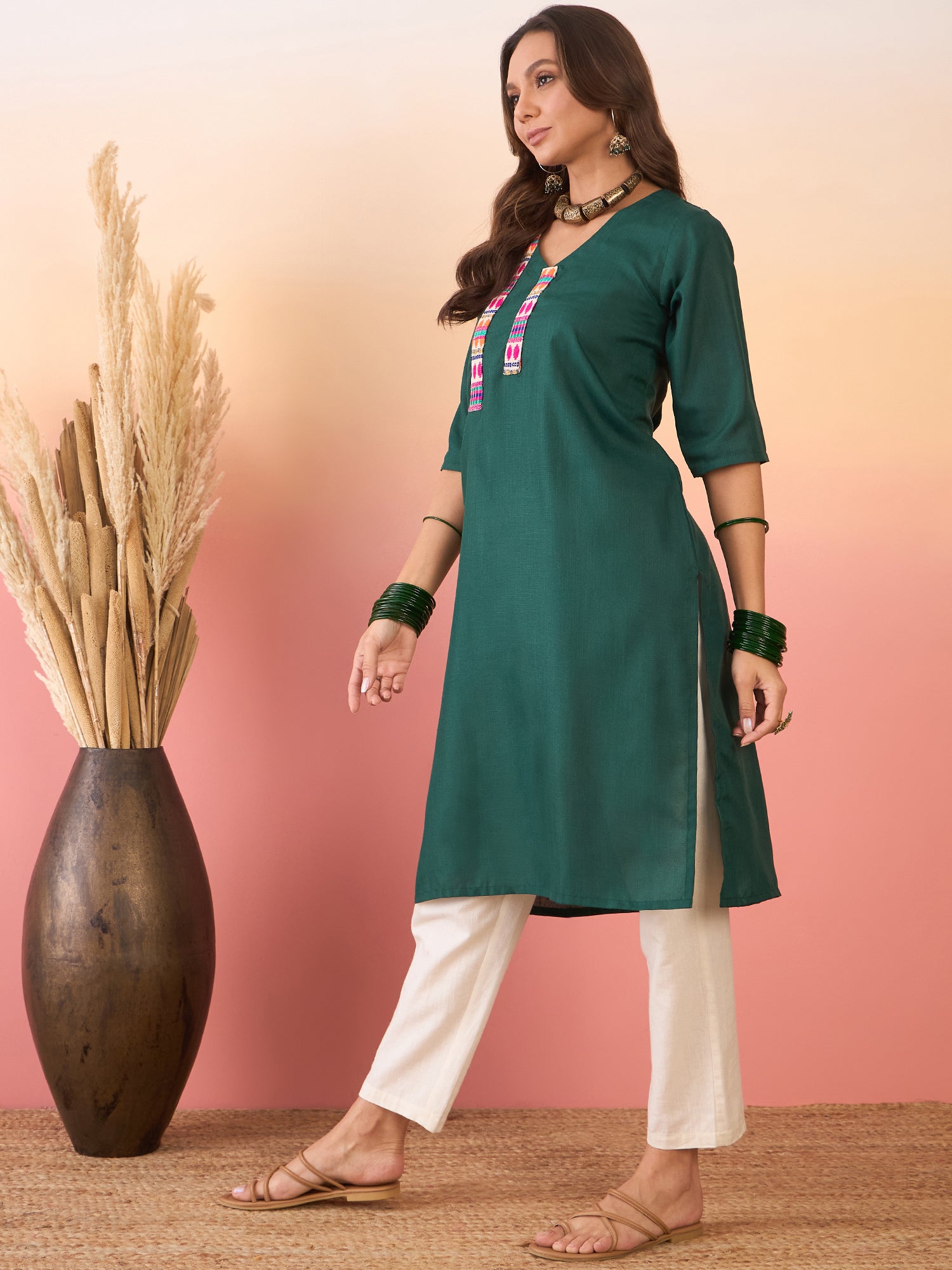 Dark Green Linen Pink Blue Patti V Neck Kurta