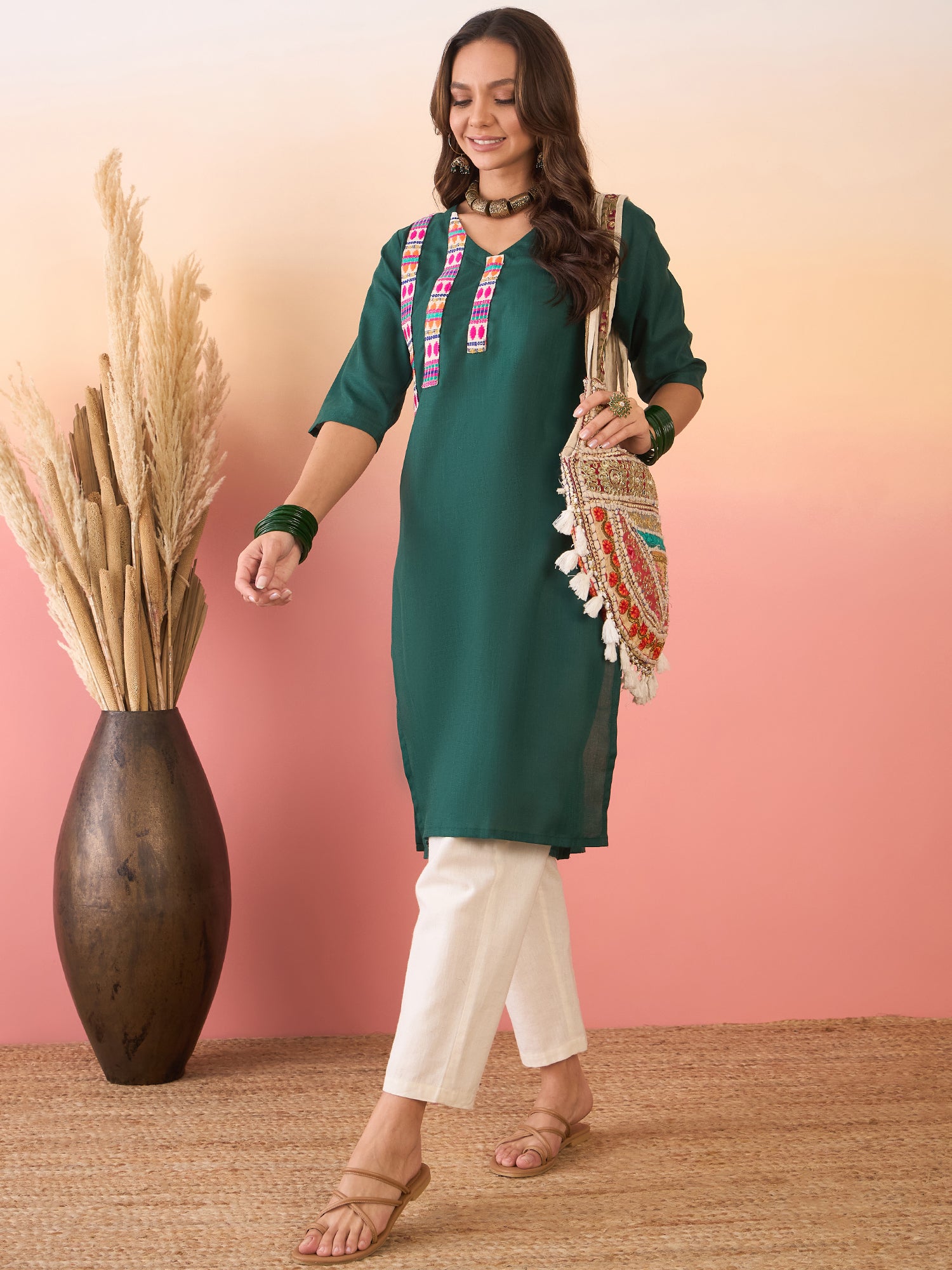 Dark Green Linen Pink Blue Patti V Neck Kurta