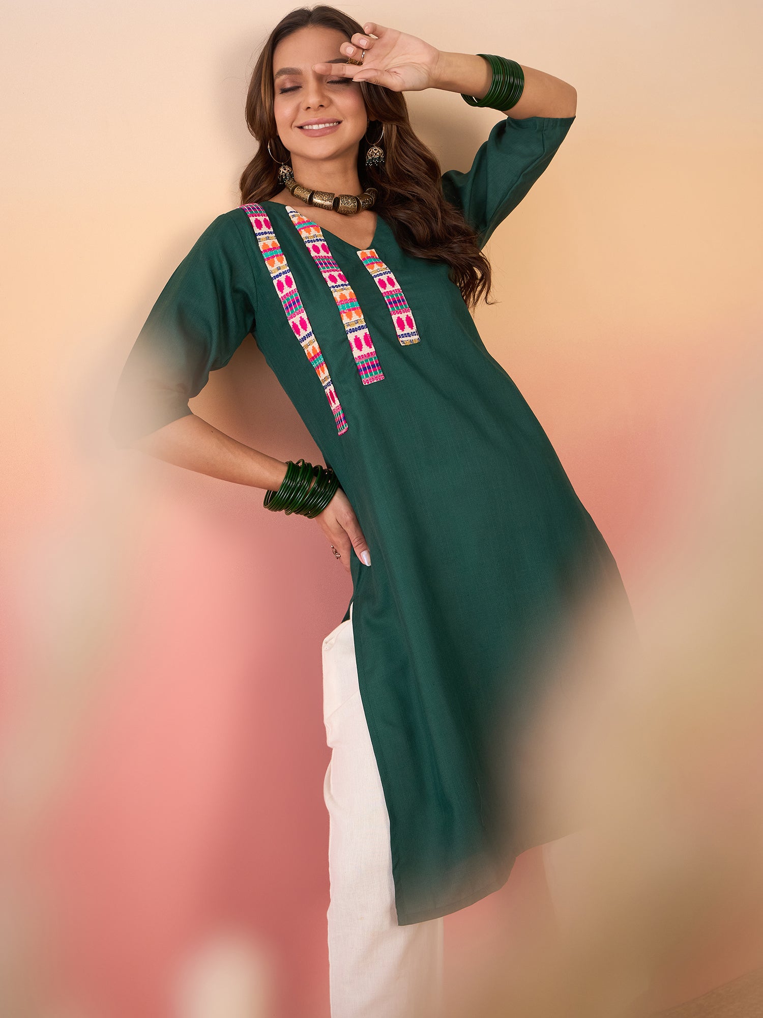 Dark Green Linen Pink Blue Patti V Neck Kurta