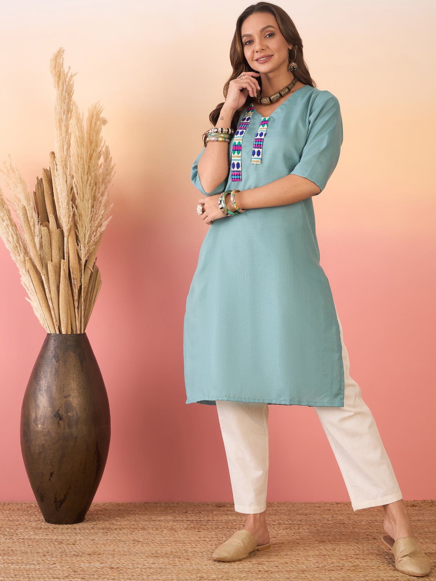 Dusty Teal Linen Pink Blue Teal Patti V Neck Kurta