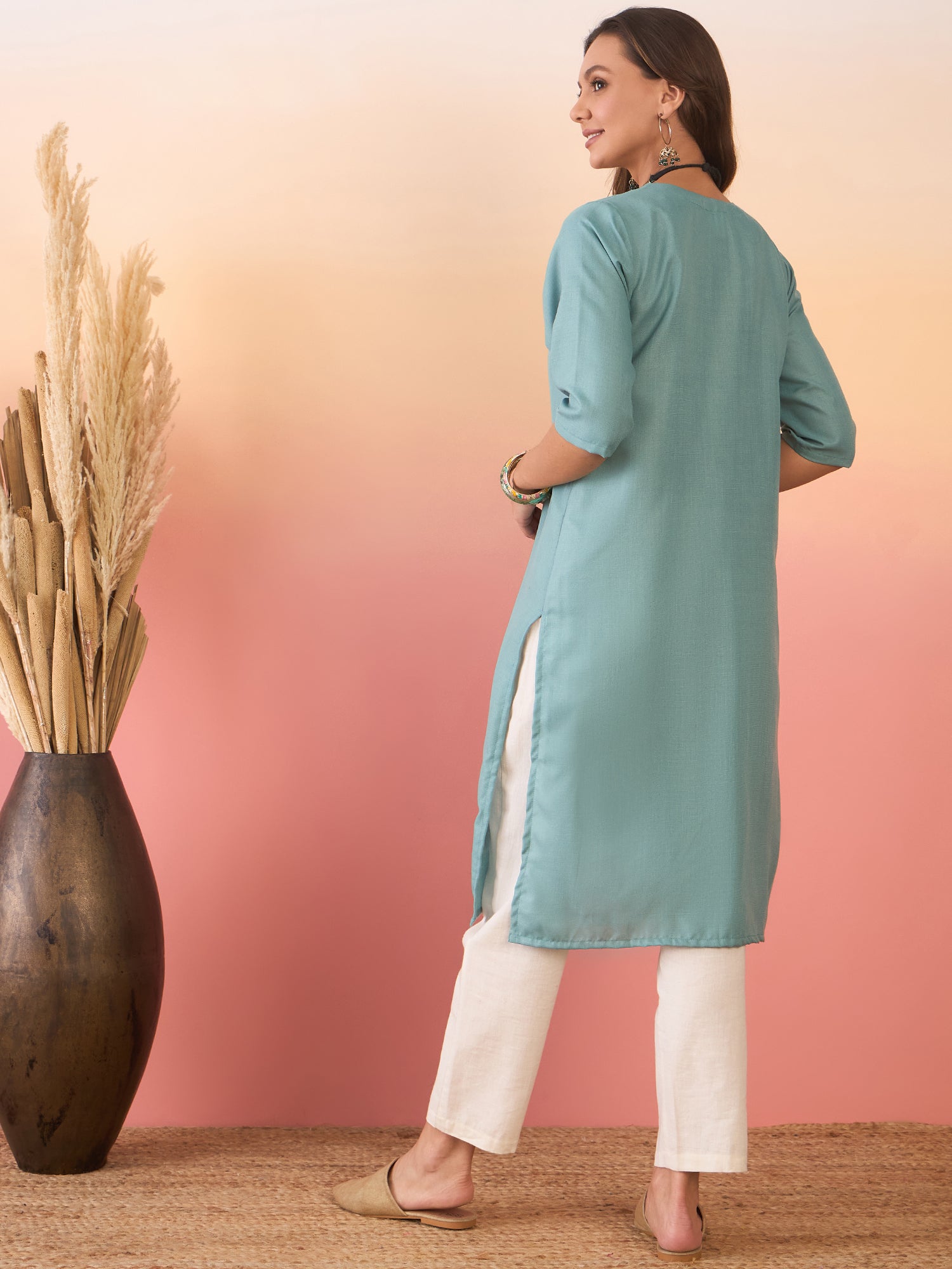 Dusty Teal Linen Pink Blue Teal Patti V Neck Kurta