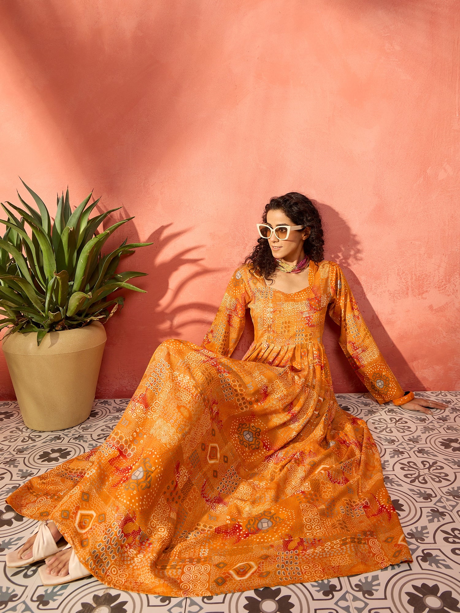 Yam Orange Unique Foil Sweetheart Neck Long Anarkali Kurta