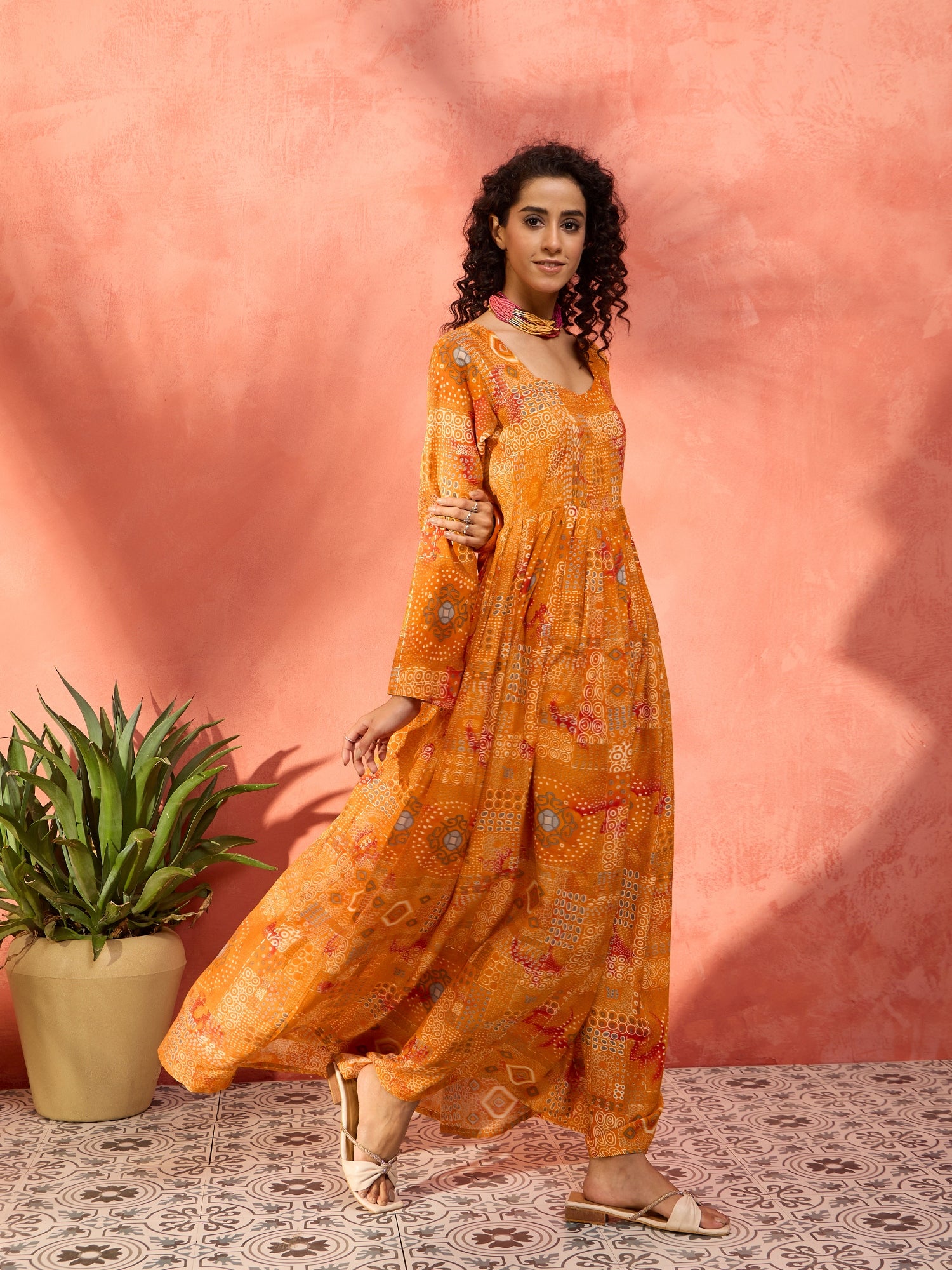 Yam Orange Unique Foil Sweetheart Neck Long Anarkali Kurta