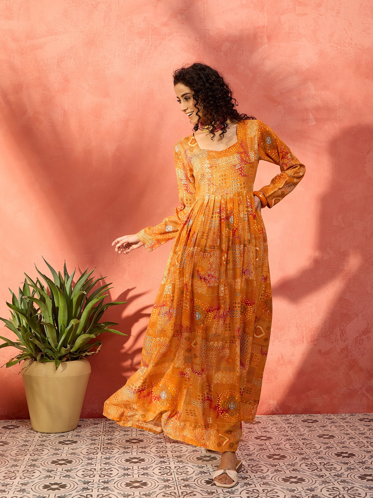 Yam Orange Unique Foil Sweetheart Neck Long Anarkali Kurta